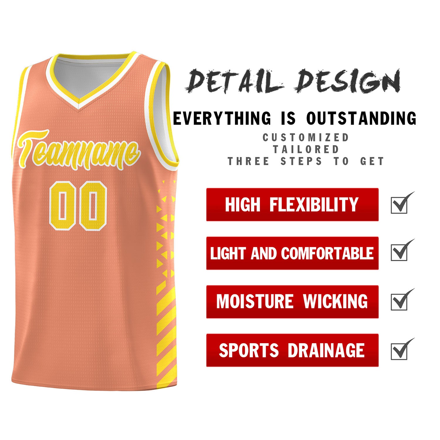 Custom Light Orange Basketball Kits With Side Gold Diamond Stripe Pattern