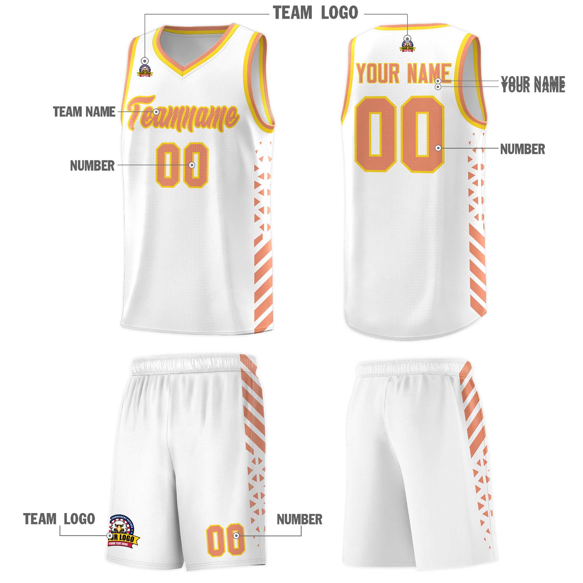 Custom White Basketball Kits With Side Light Orange Diamond Stripe Pattern