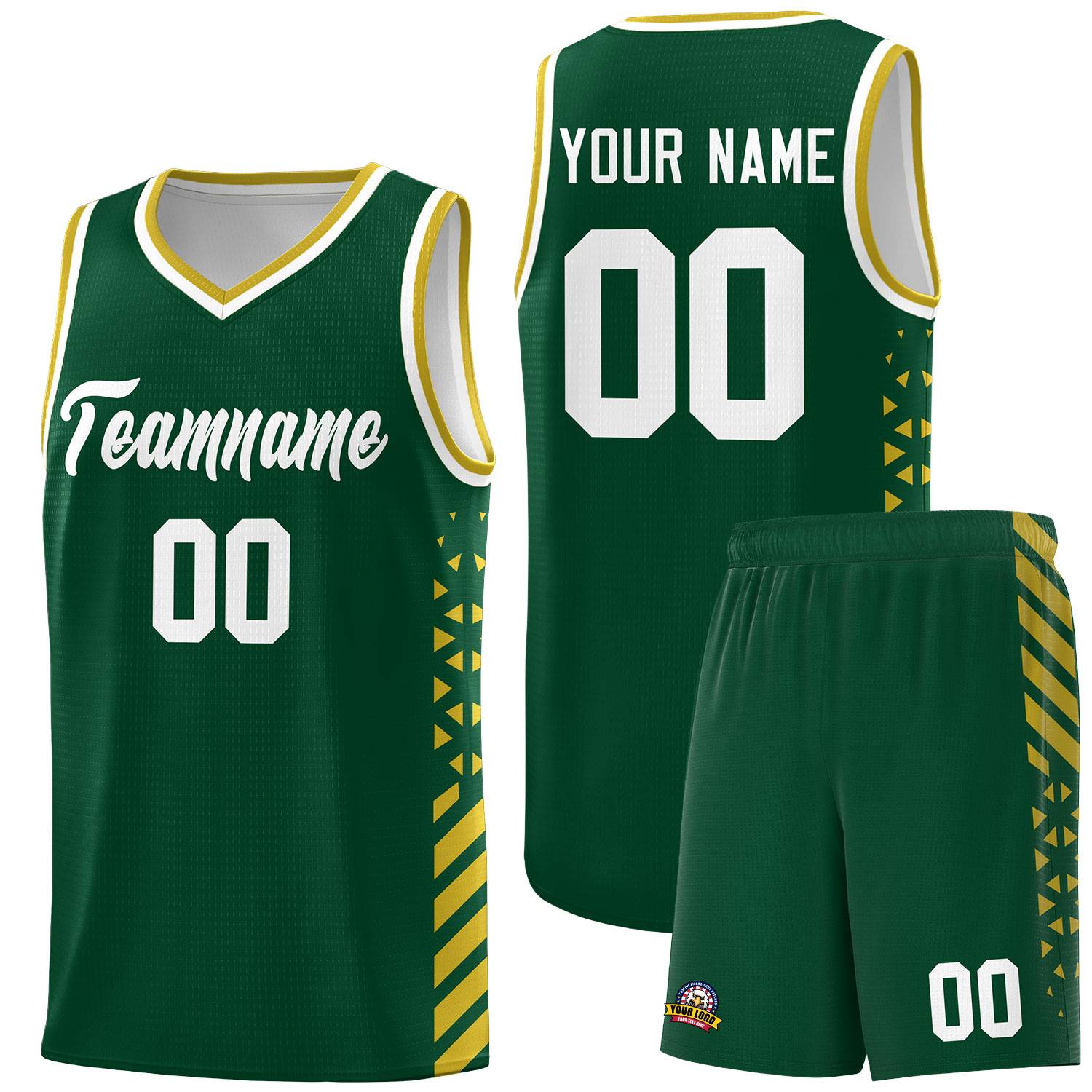Custom Green Basketball Kits With Side Old Gold Diamond Stripe Pattern