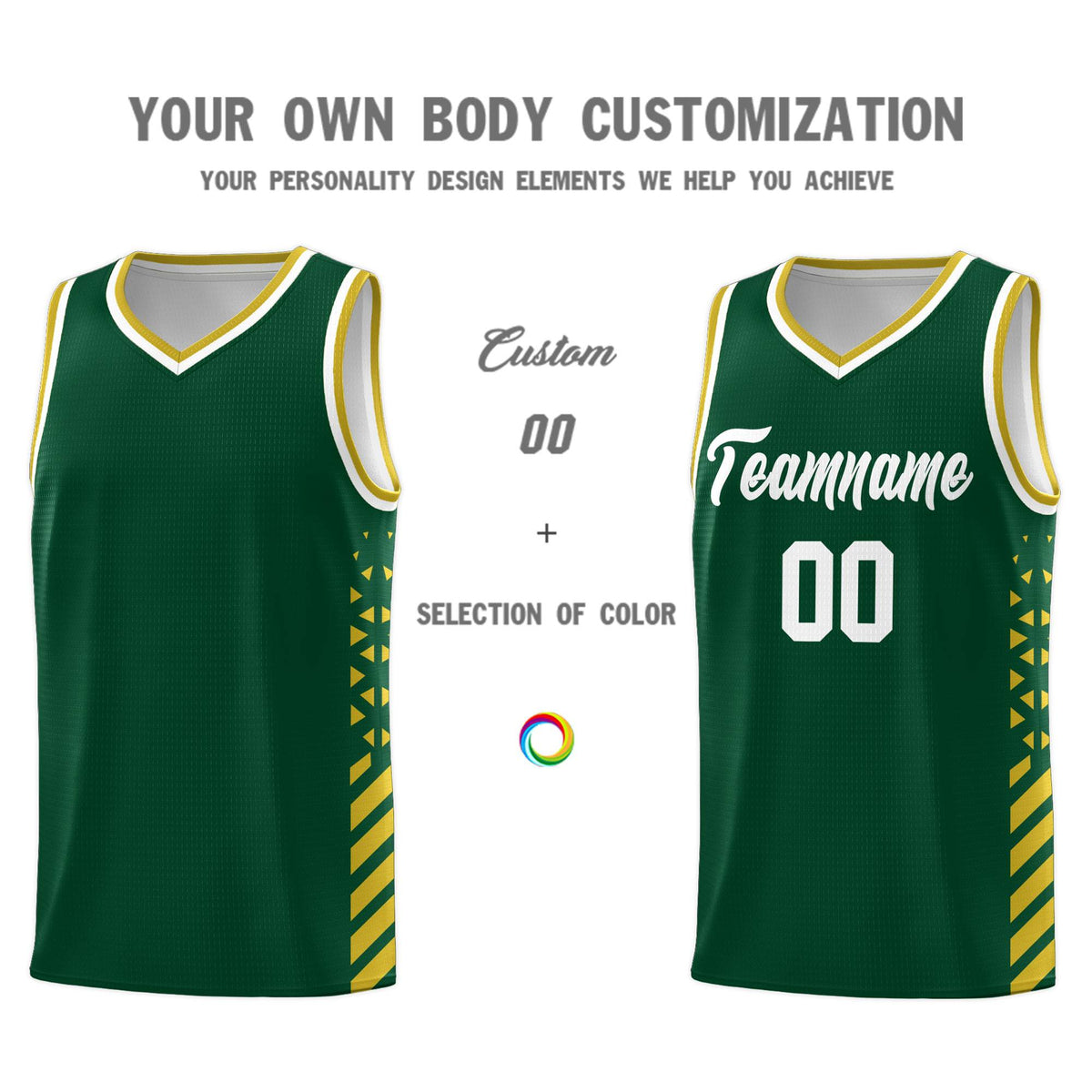 Custom Green Basketball Kits With Side Old Gold Diamond Stripe Pattern