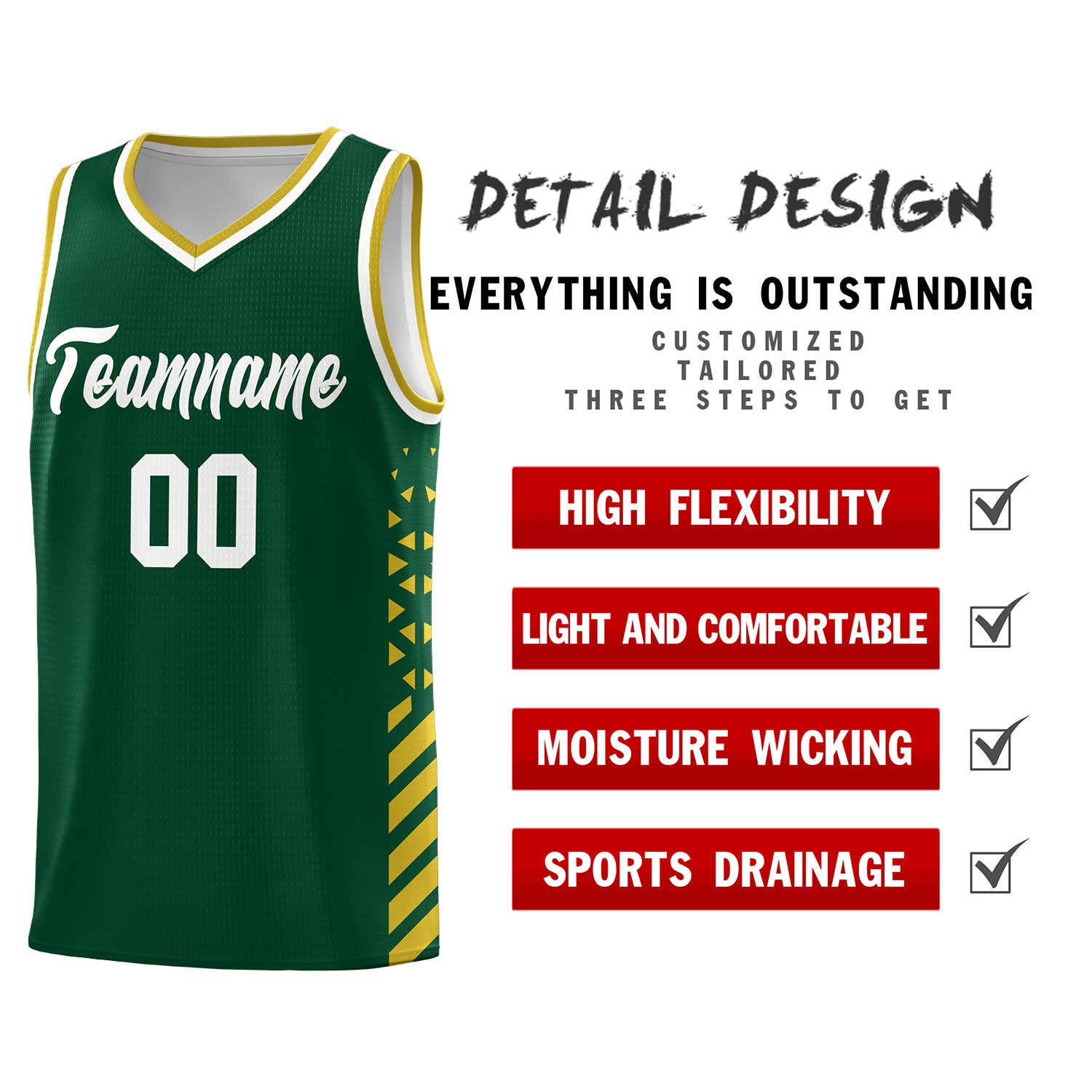 Custom Green Basketball Kits With Side Old Gold Diamond Stripe Pattern