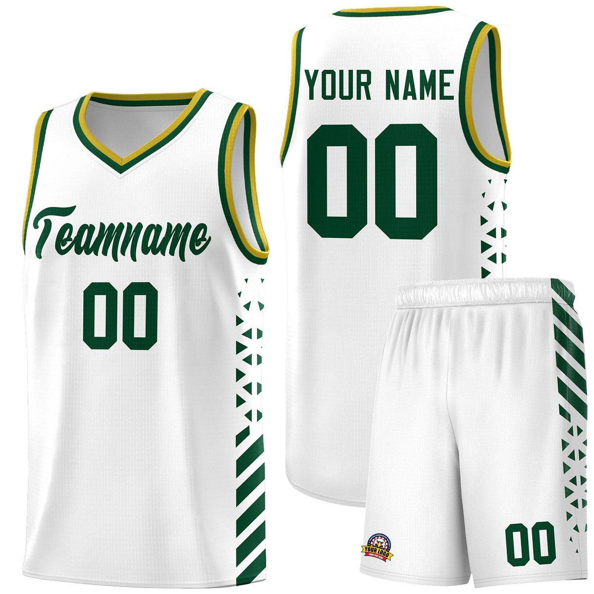 Custom White Basketball Kits With Side Green Diamond Stripe Pattern