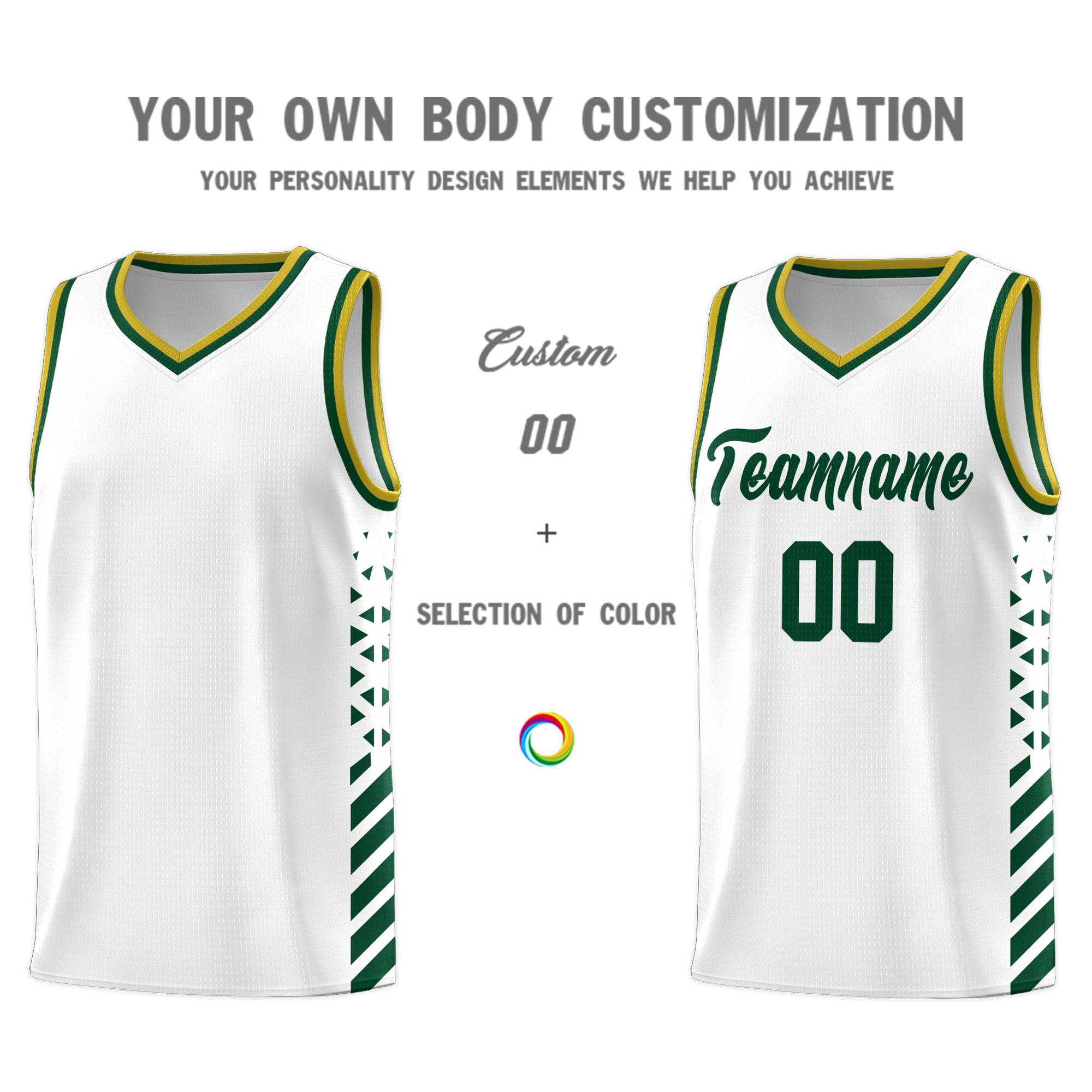 Custom White Basketball Kits With Side Green Diamond Stripe Pattern