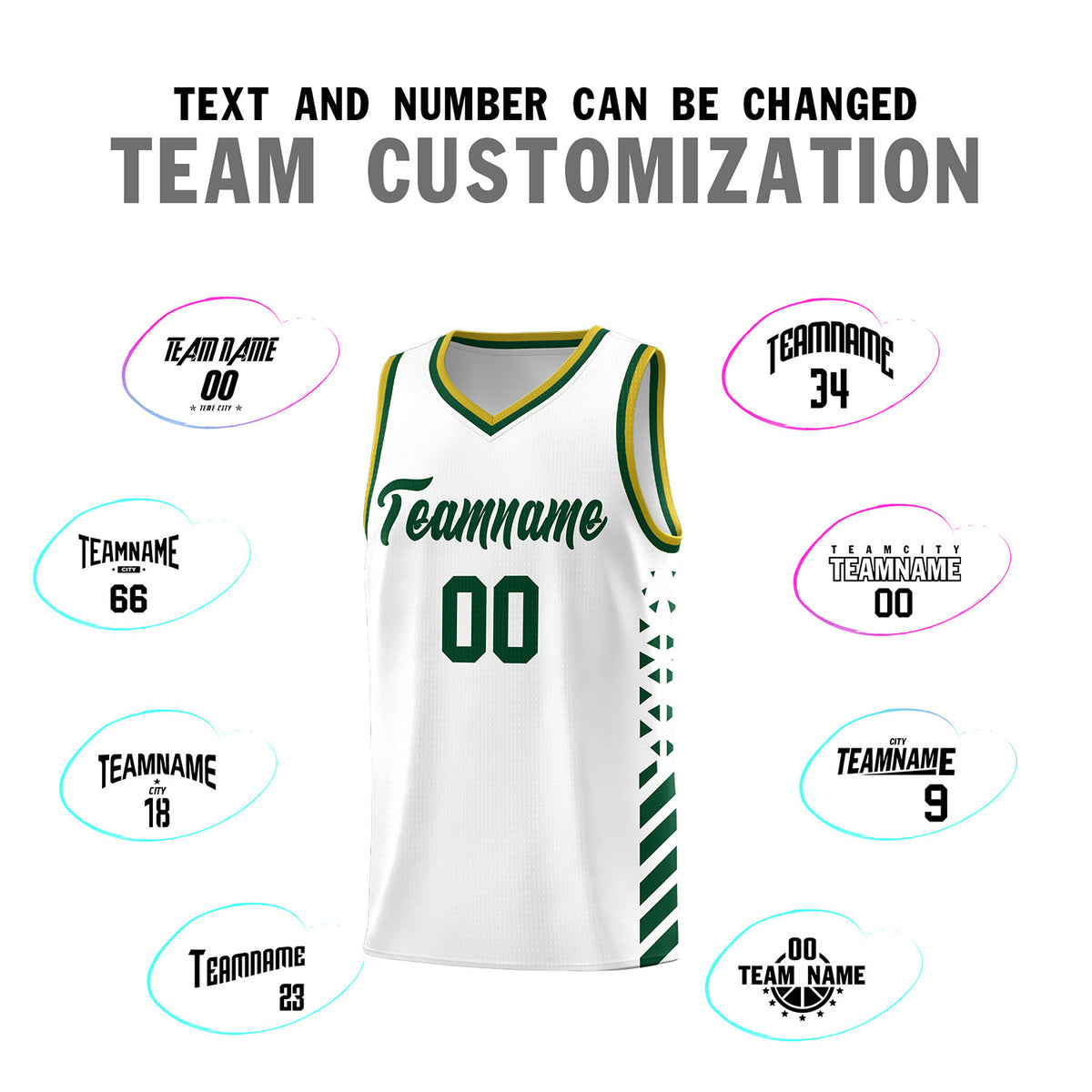 Custom White Basketball Kits With Side Green Diamond Stripe Pattern