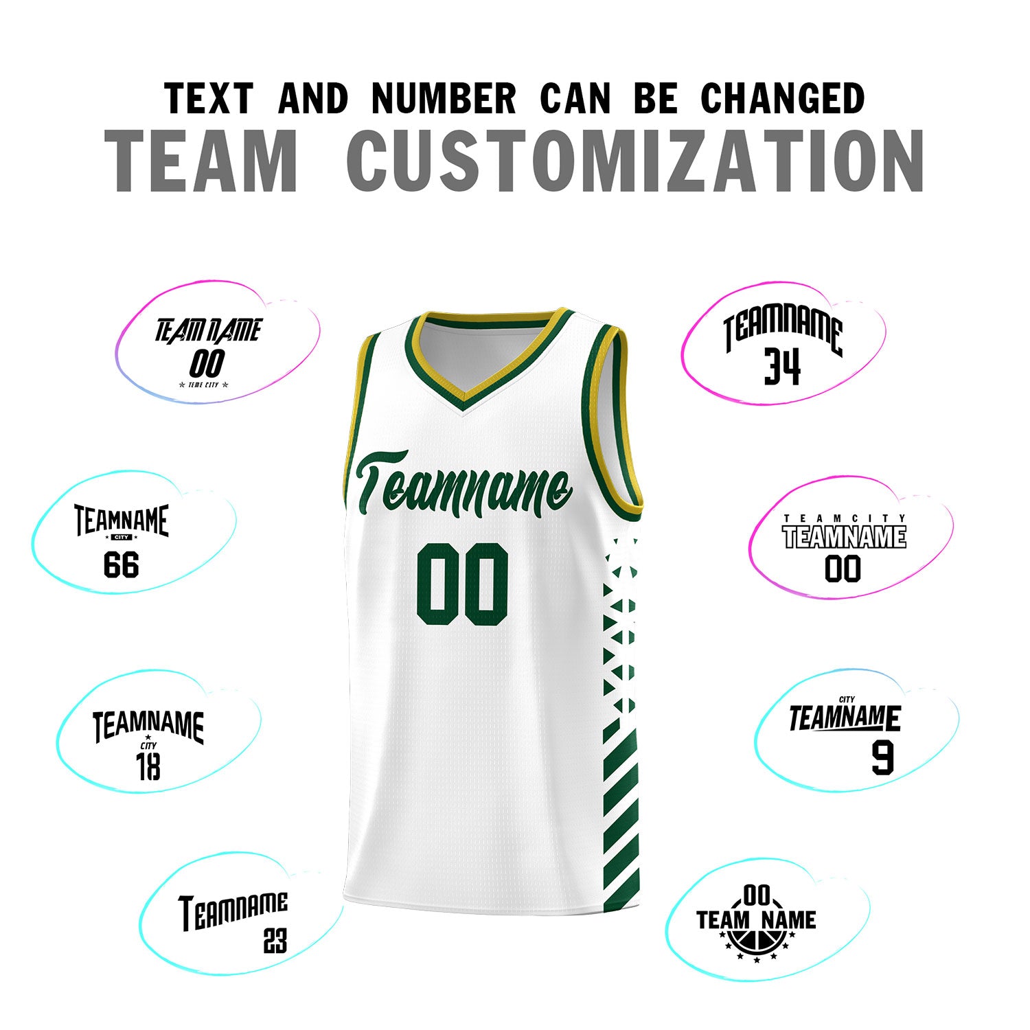 Custom White Basketball Kits With Side Green Diamond Stripe Pattern