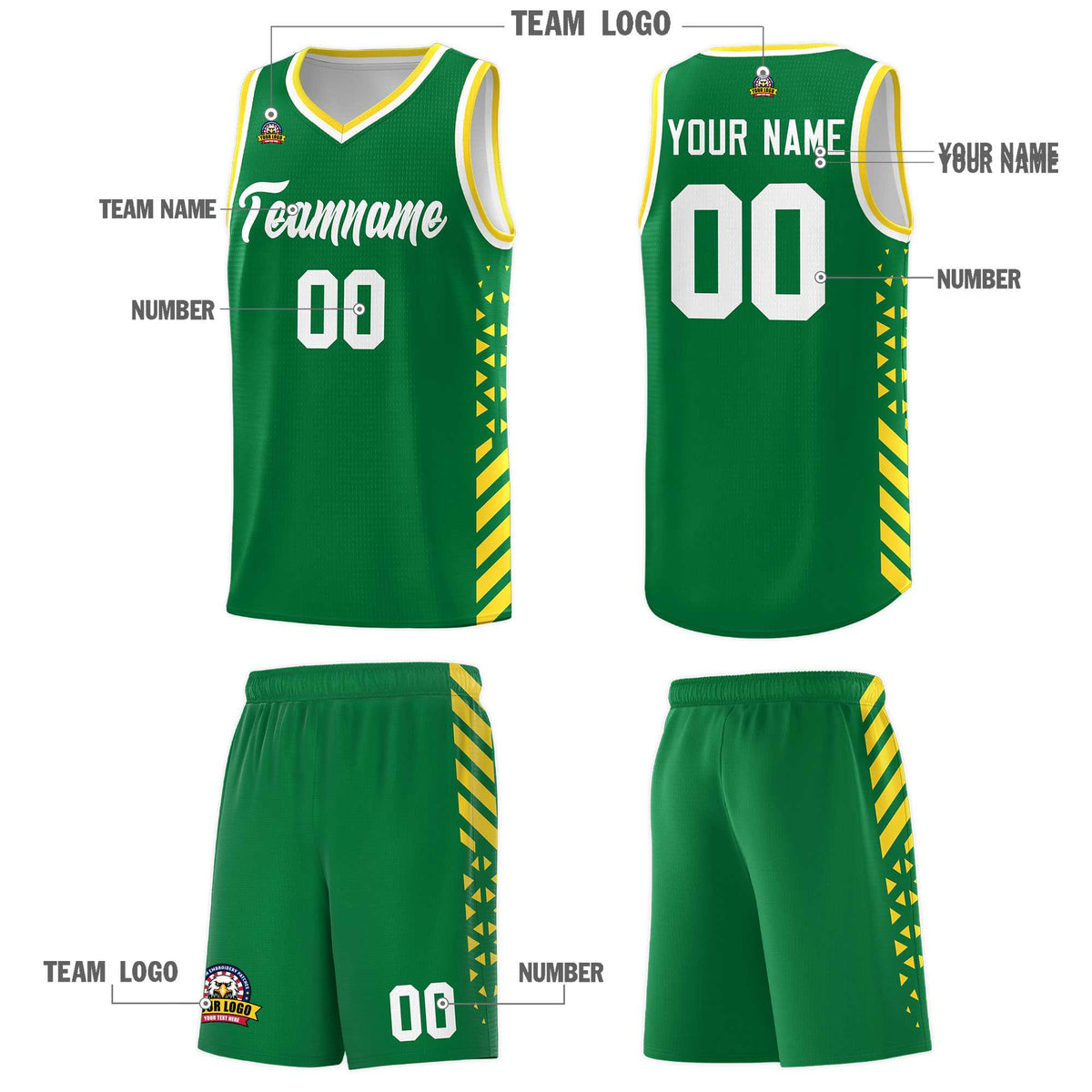 Custom Kelly Green Basketball Kits With Side Gold Diamond Stripe Pattern