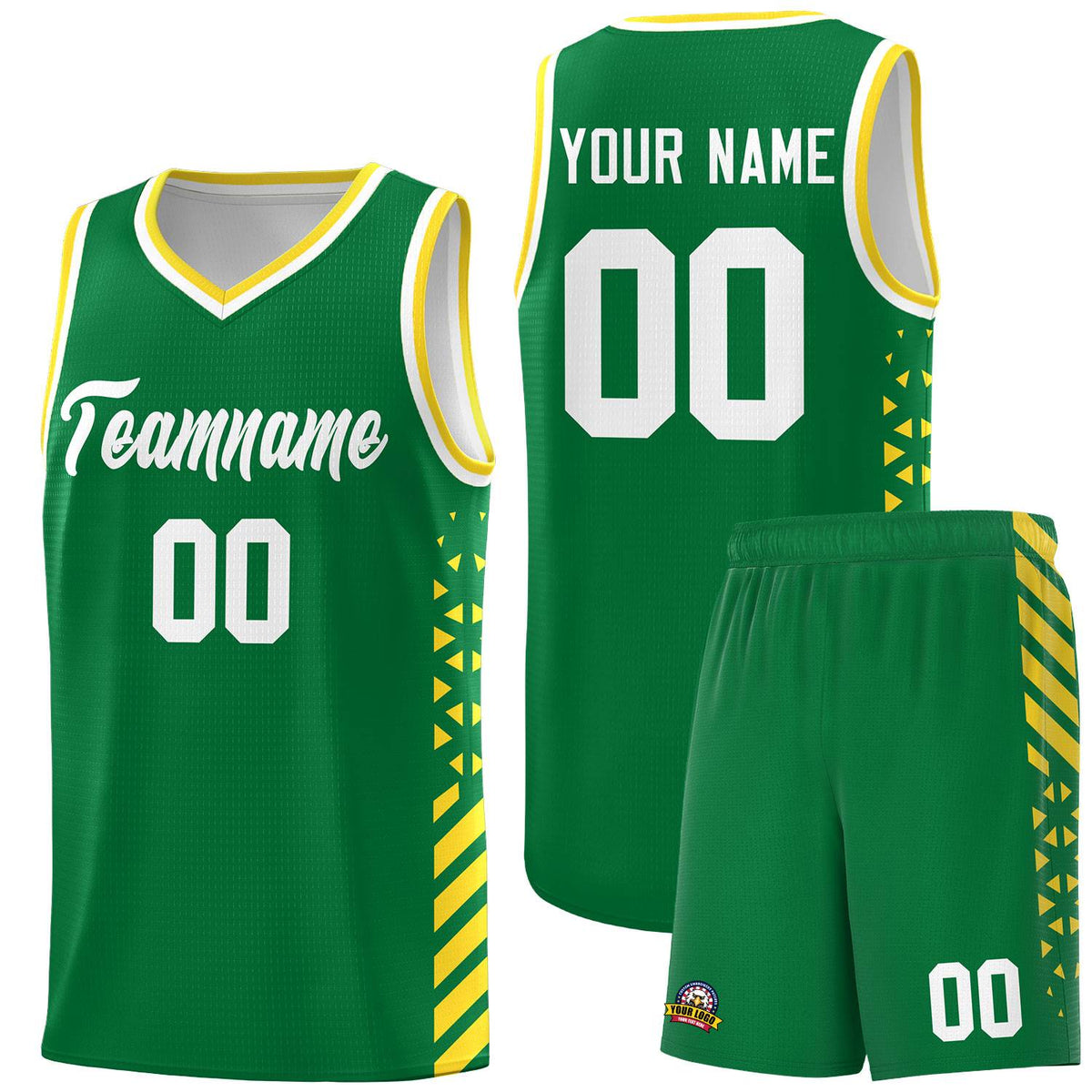 Custom Kelly Green Basketball Kits With Side Gold Diamond Stripe Pattern