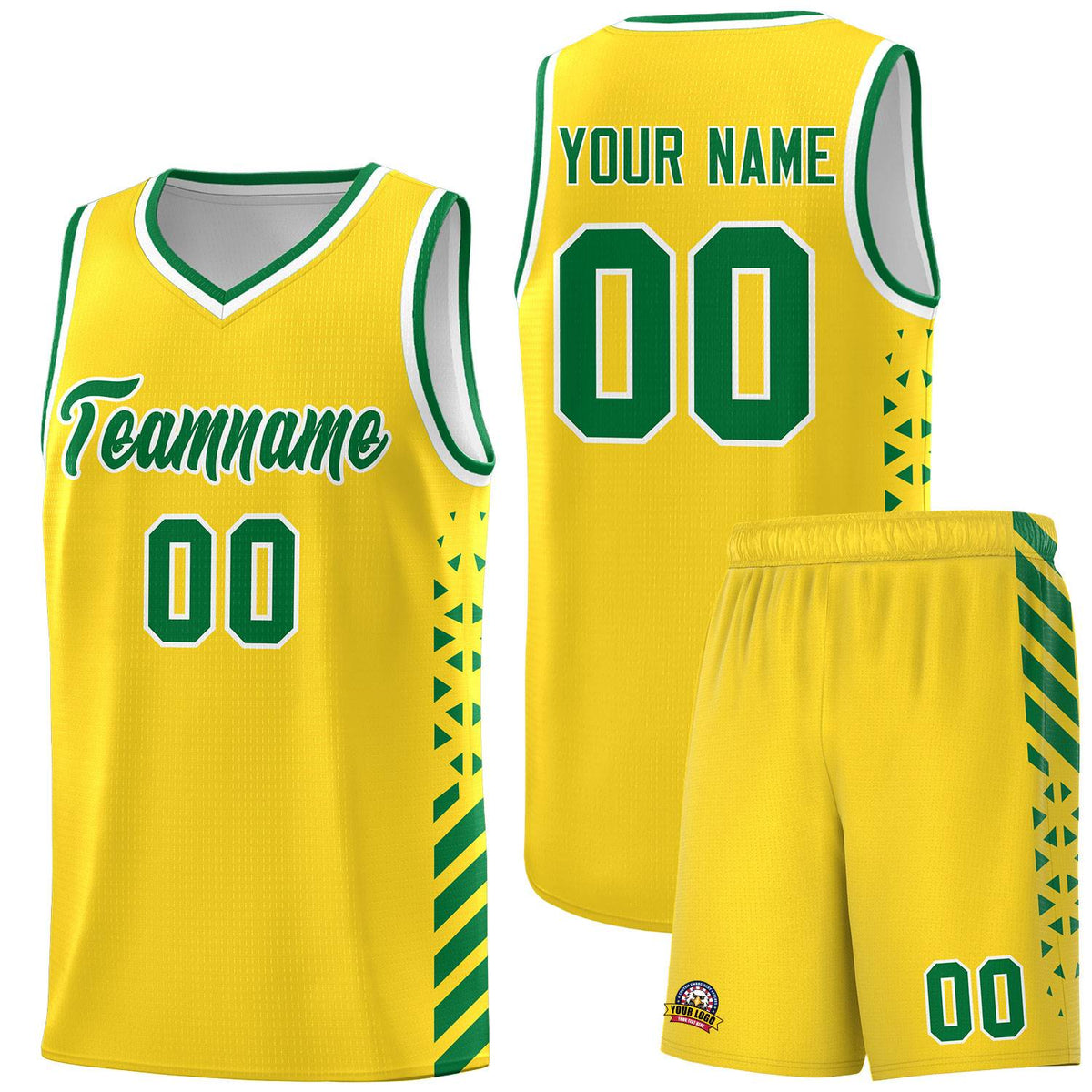 Custom Gold Basketball Kits With Side Kelly Green Diamond Stripe Pattern