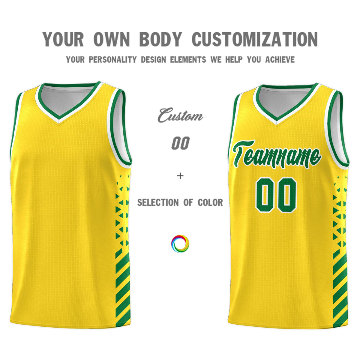 Custom Gold Basketball Kits With Side Kelly Green Diamond Stripe Pattern