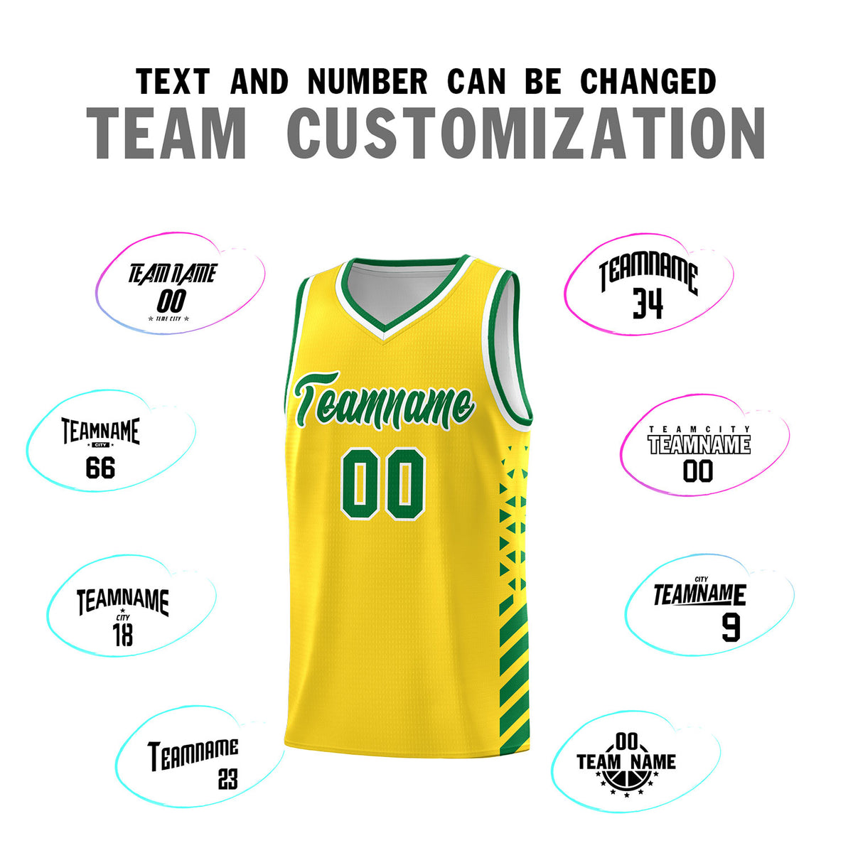 Custom Gold Basketball Kits With Side Kelly Green Diamond Stripe Pattern