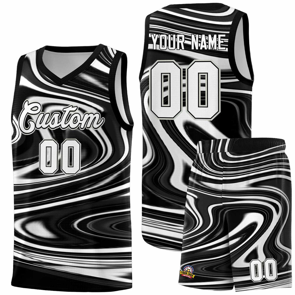 Custom Black White Graffiti Pattern Fluids Style Sports Uniform Basketball Jersey Sets
