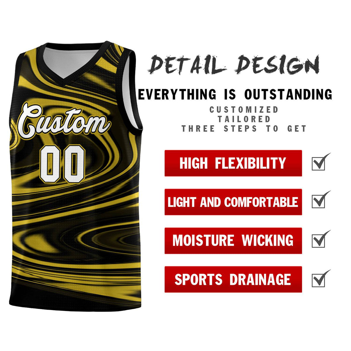 Custom Black Old Gold Graffiti Pattern Fluids Style Sports Uniform Basketball Jersey Sets