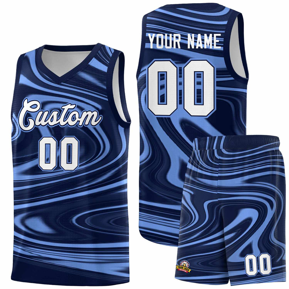 Custom Navy Light Blue Graffiti Pattern Fluids Style Sports Uniform Basketball Jersey Sets