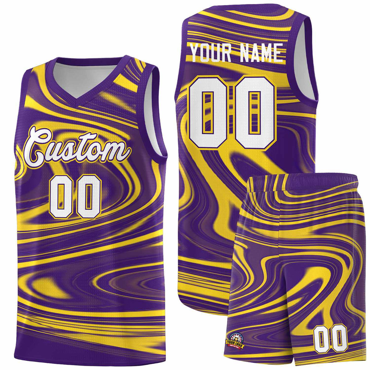 Custom Purple Gold Graffiti Pattern Fluids Style Sports Uniform Basketball Jersey Sets