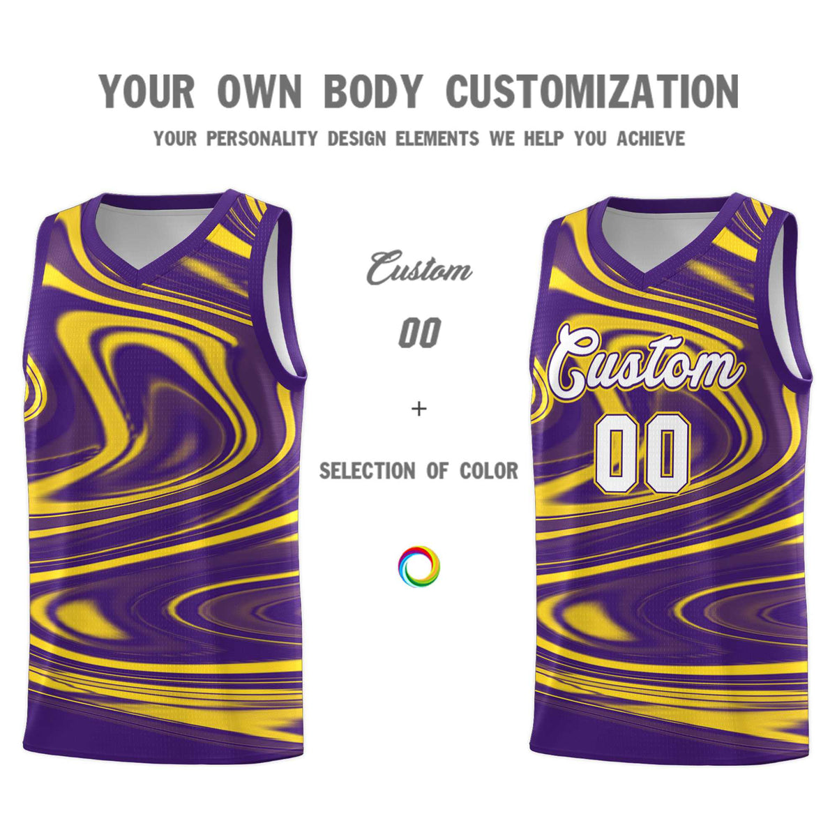 Custom Purple Gold Graffiti Pattern Fluids Style Sports Uniform Basketball Jersey Sets