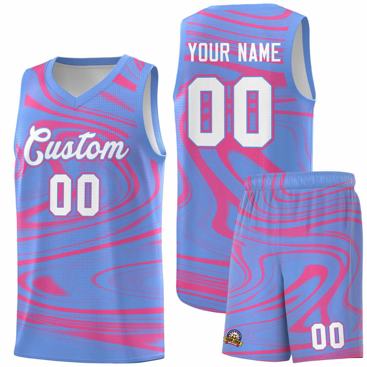 Custom Light Blue Pink Graffiti Pattern Fluids Style Sports Uniform Basketball Jersey Sets