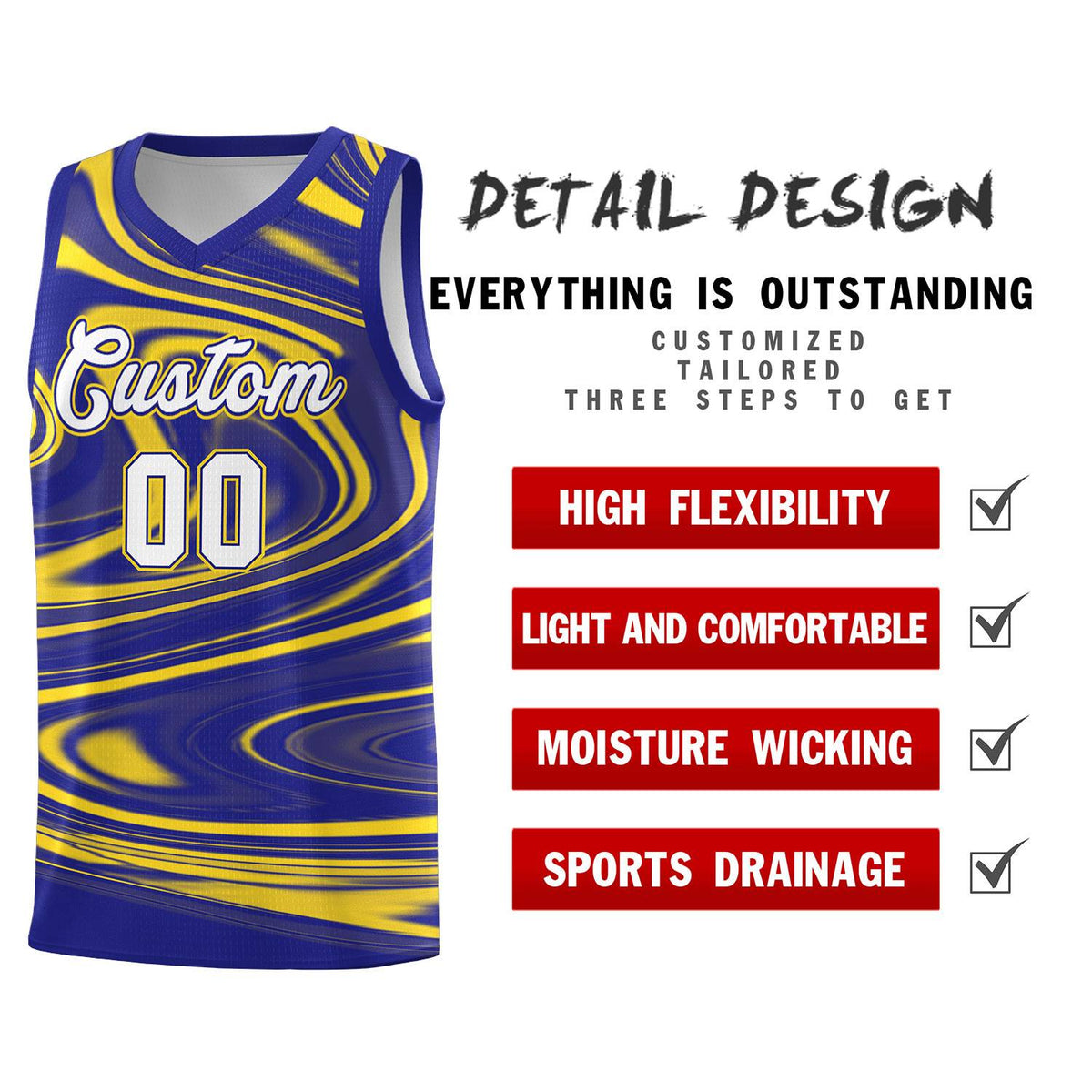 Custom Royal Gold Graffiti Pattern Fluids Style Sports Uniform Basketball Jersey Sets