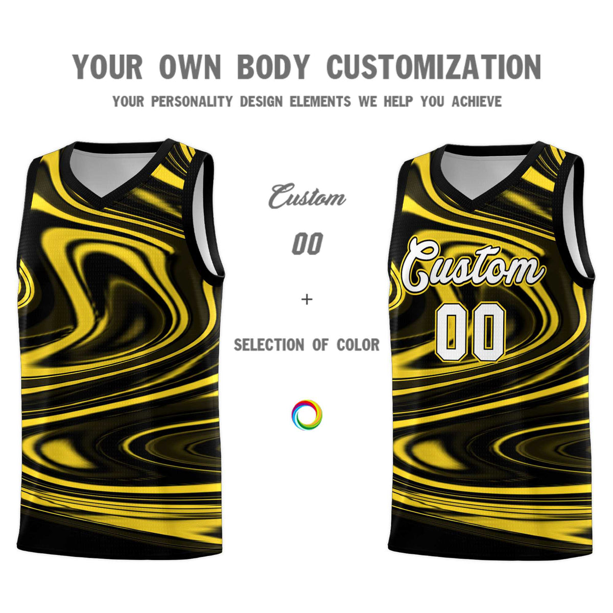Custom Black Gold Graffiti Pattern Fluids Style Sports Uniform Basketball Jersey Sets