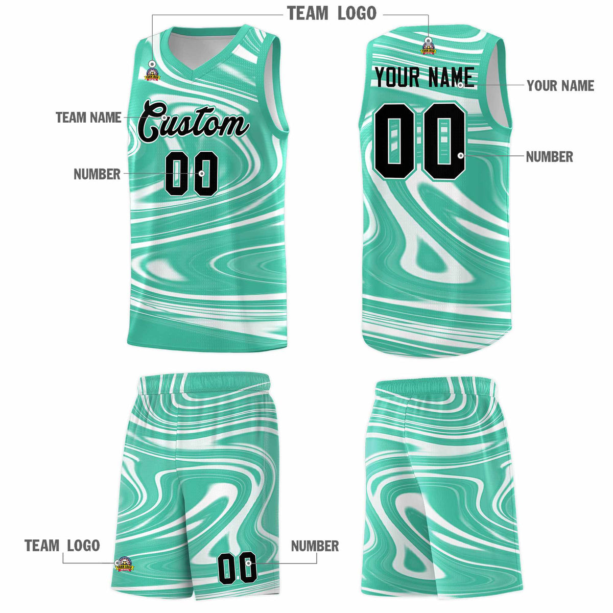 Custom Bright Green White Graffiti Pattern Fluids Style Sports Uniform Basketball Jersey Sets