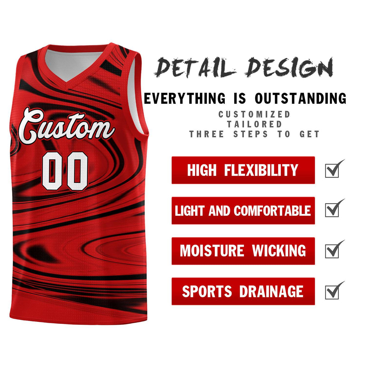Custom Red Black Graffiti Pattern Fluids Style Sports Uniform Basketball Jersey Sets
