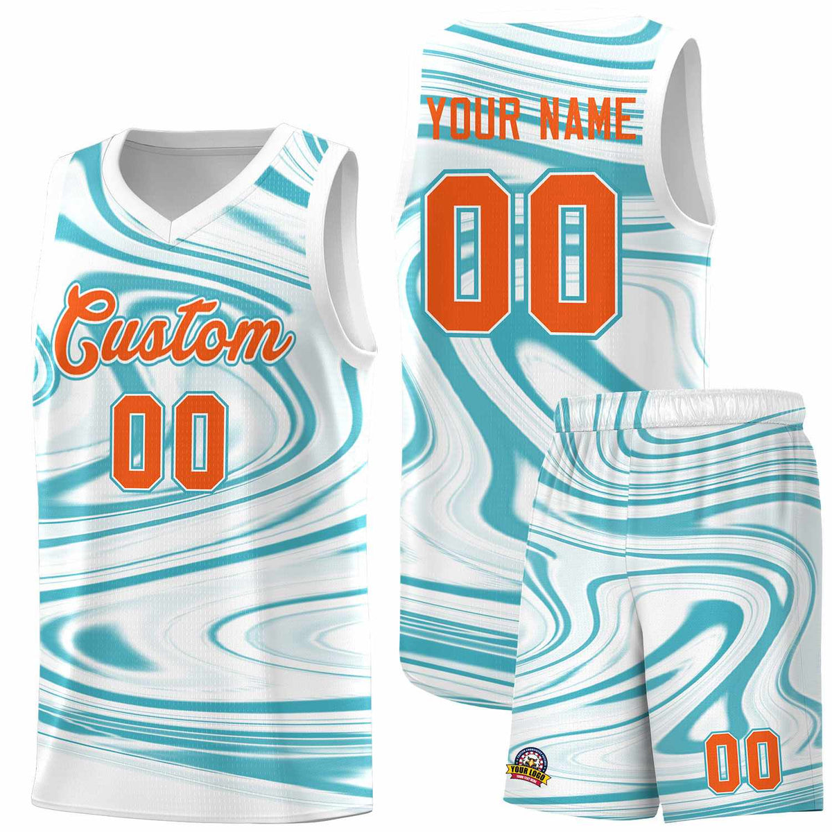 Custom White Aqua Graffiti Pattern Fluids Style Sports Uniform Basketball Jersey Sets