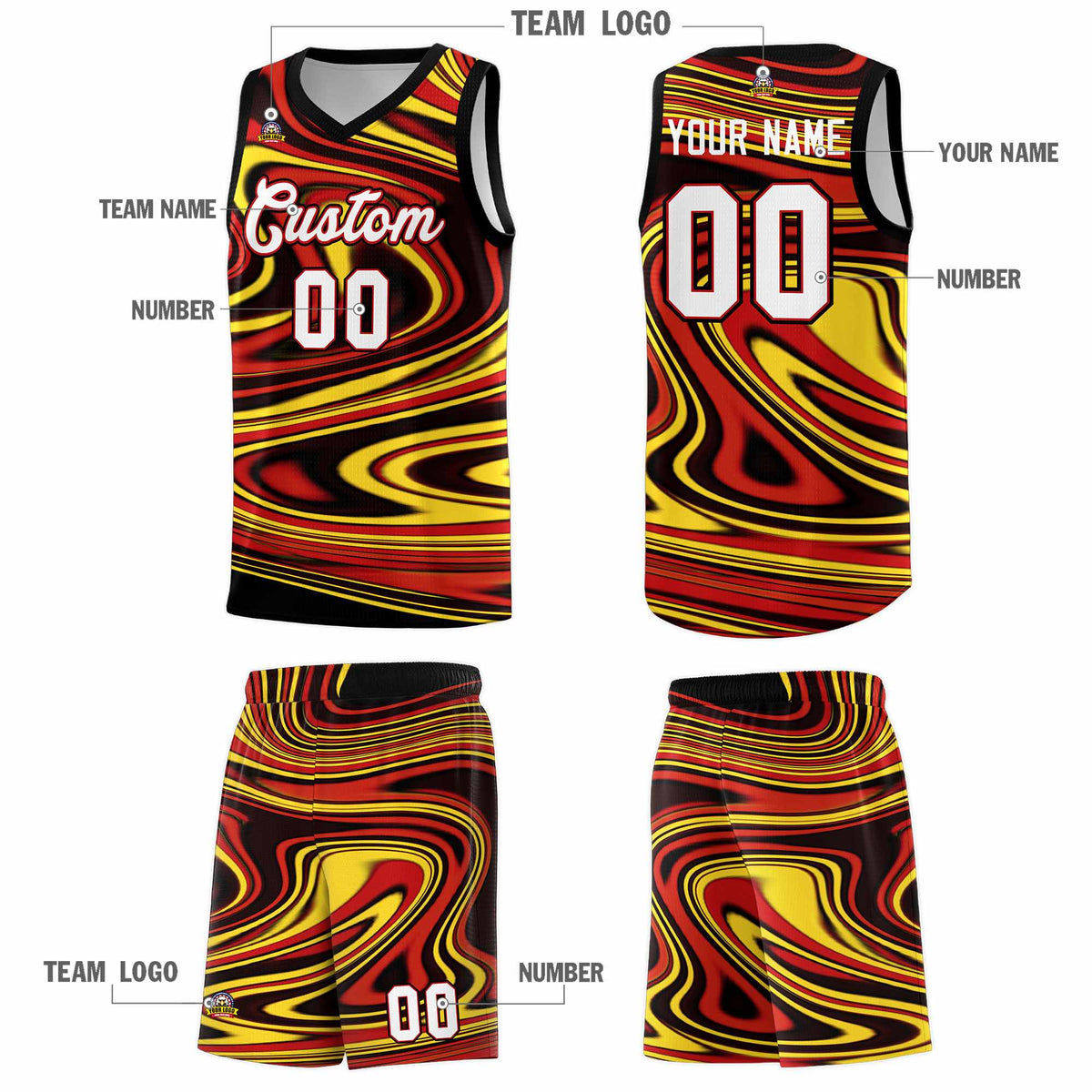 Custom Black Red Graffiti Pattern Fluids Style Sports Uniform Basketball Jersey Sets