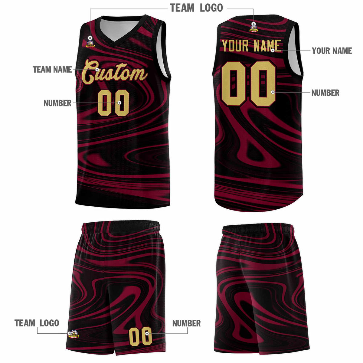Custom Black Crimson Graffiti Pattern Fluids Style Sports Uniform Basketball Jersey Sets