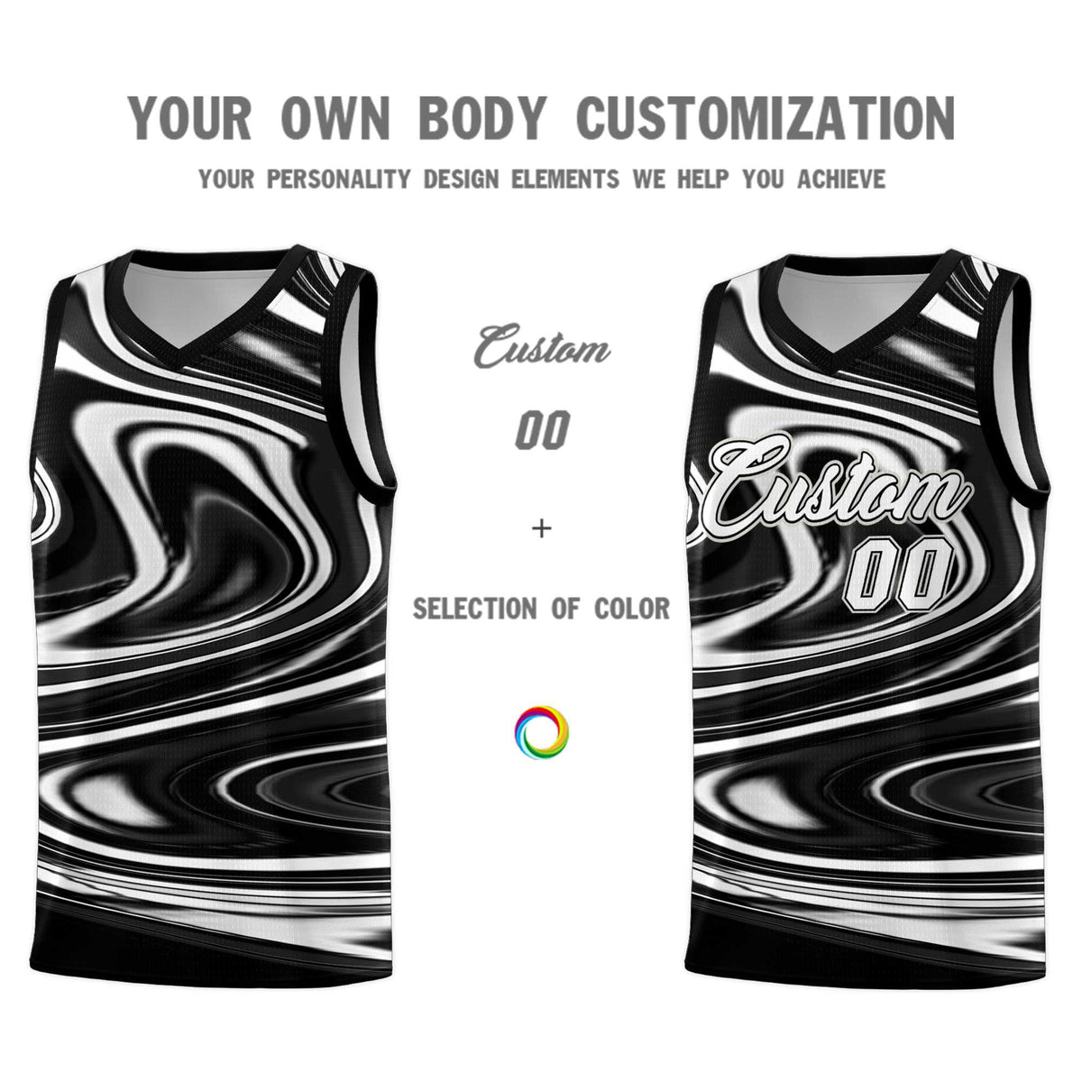 Custom Black White Graffiti Pattern Fluids Style Sports Uniform Basketball Jersey Sets