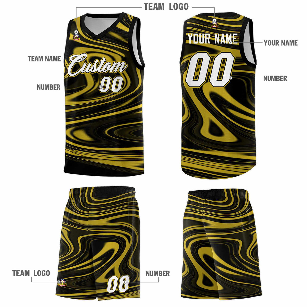 Custom Black Old Gold Graffiti Pattern Fluids Style Sports Uniform Basketball Jersey Sets