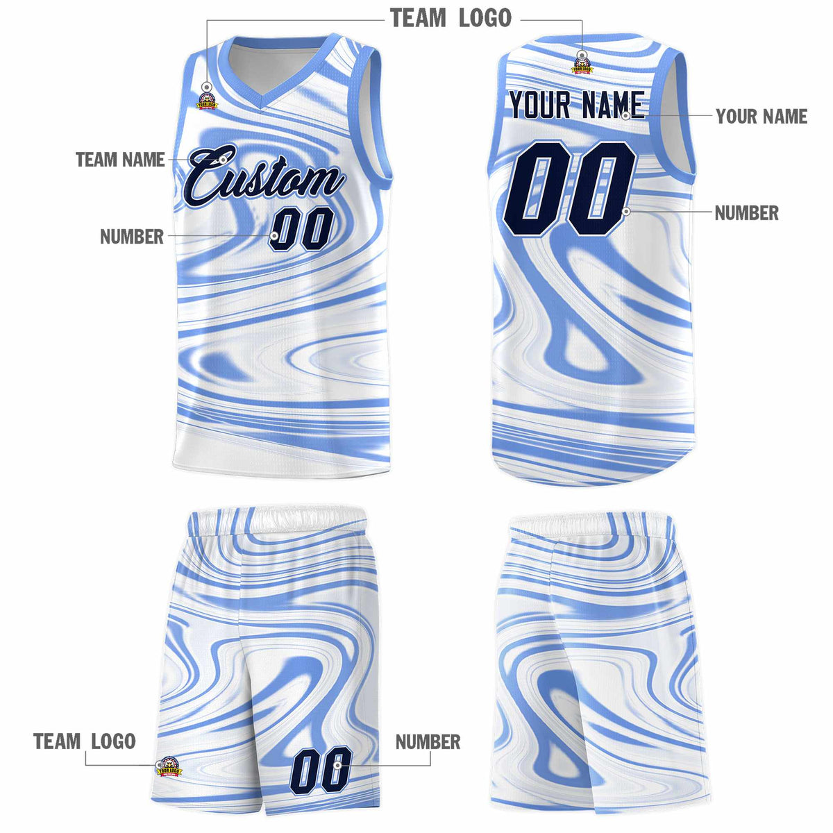 Custom White Light Blue Graffiti Pattern Fluids Style Sports Uniform Basketball Jersey Sets