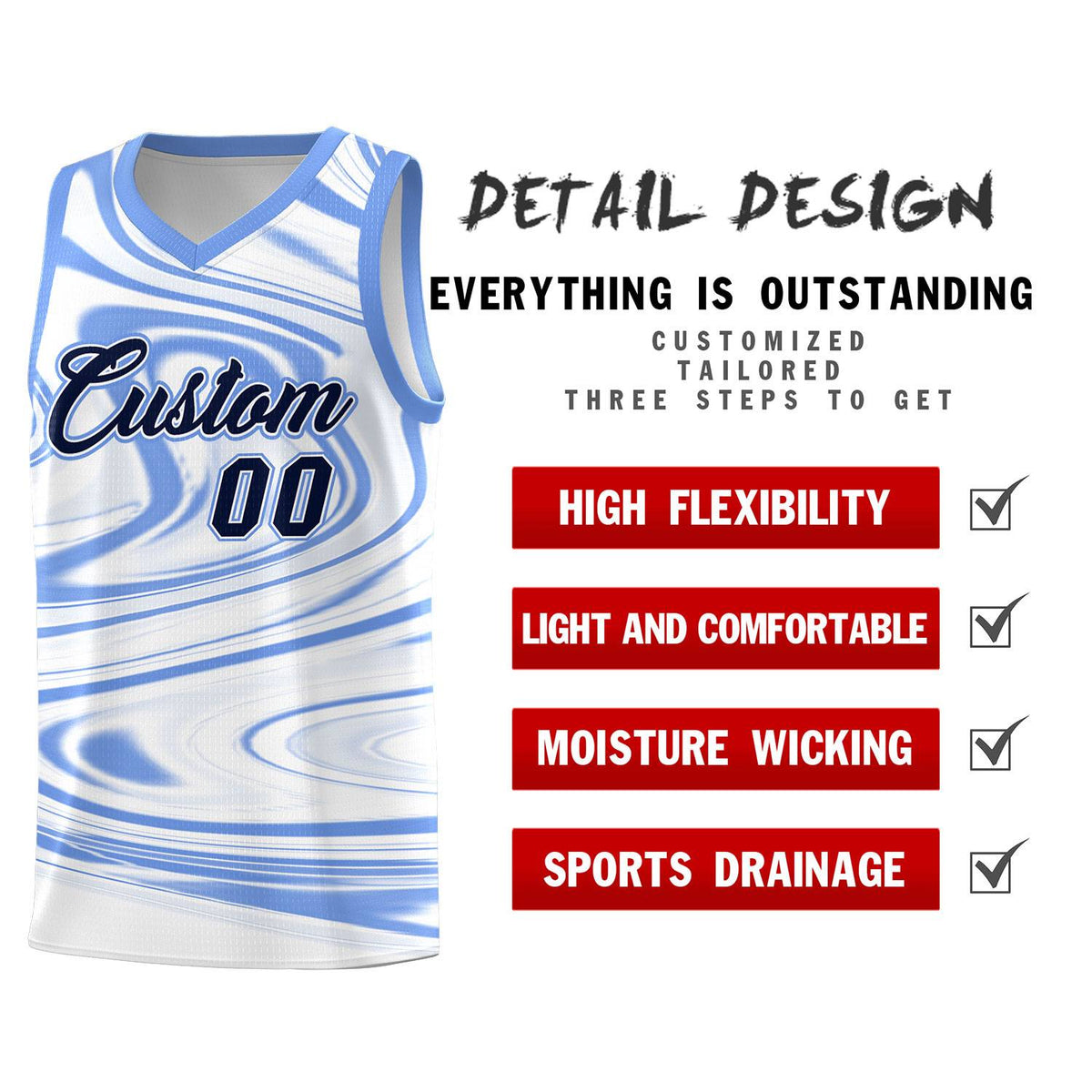 Custom White Light Blue Graffiti Pattern Fluids Style Sports Uniform Basketball Jersey Sets