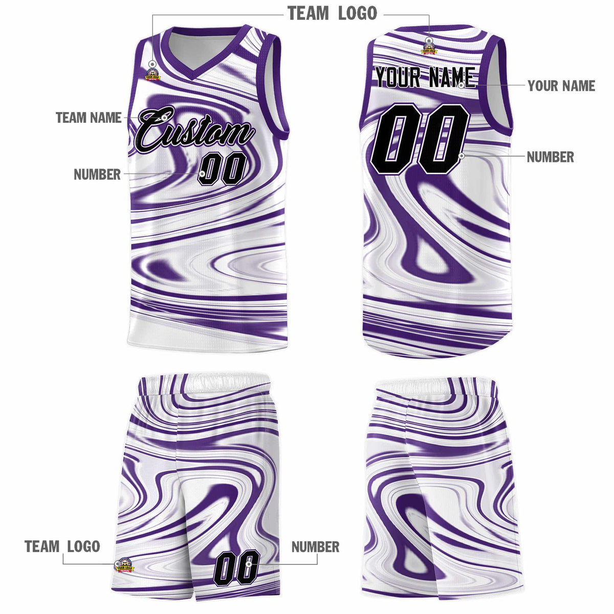 Custom White Purple Graffiti Pattern Fluids Style Sports Uniform Basketball Jersey Sets