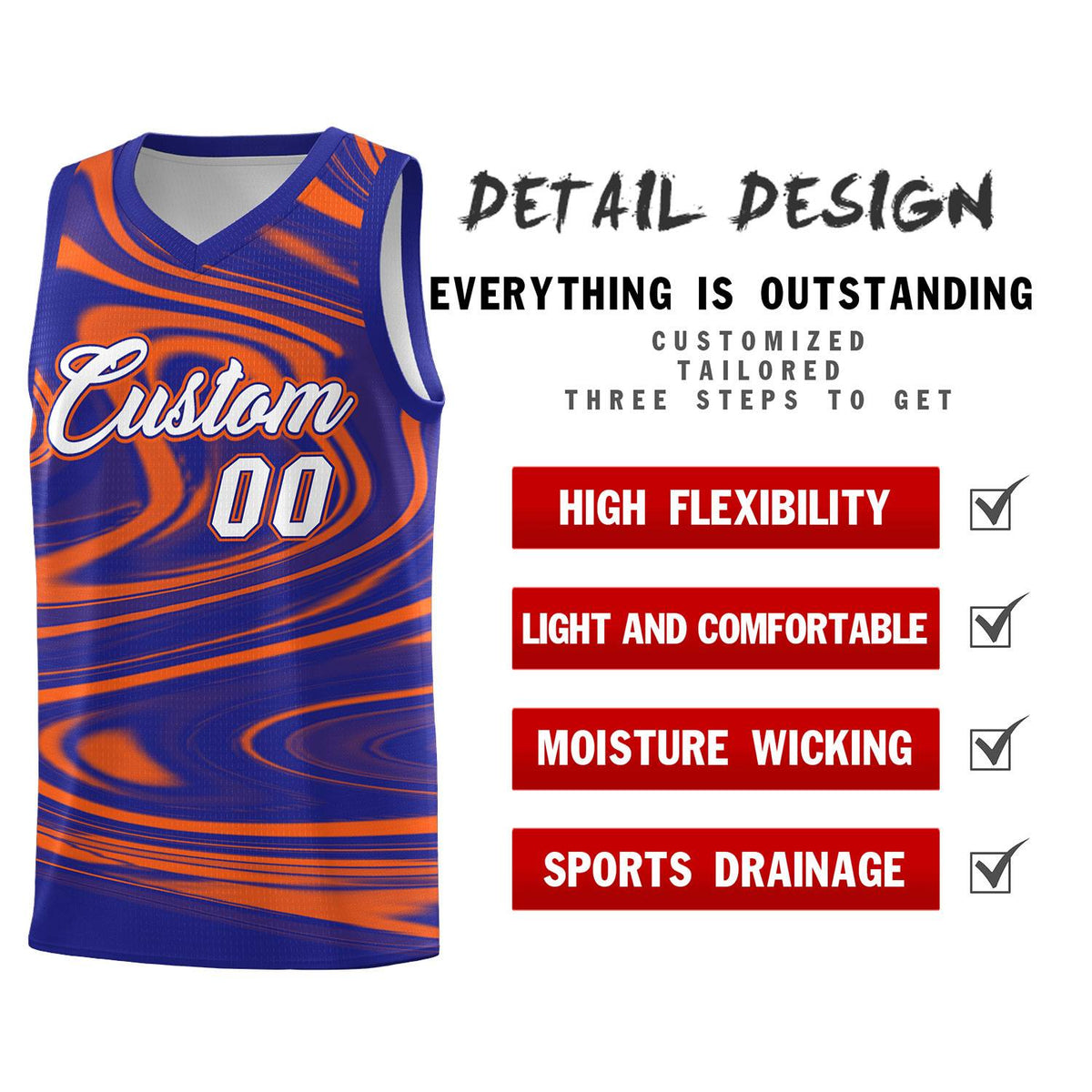 Custom Royal Orange Graffiti Pattern Fluids Style Sports Uniform Basketball Jersey Sets