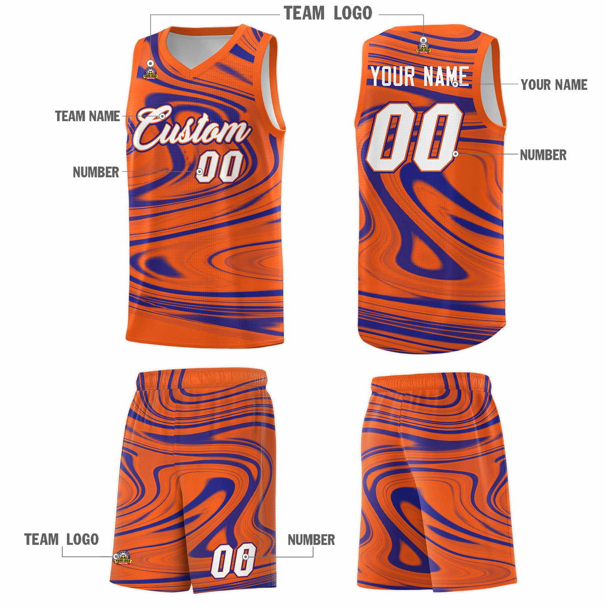 Custom Orange Royal Graffiti Pattern Fluids Style Sports Uniform Basketball Jersey Sets