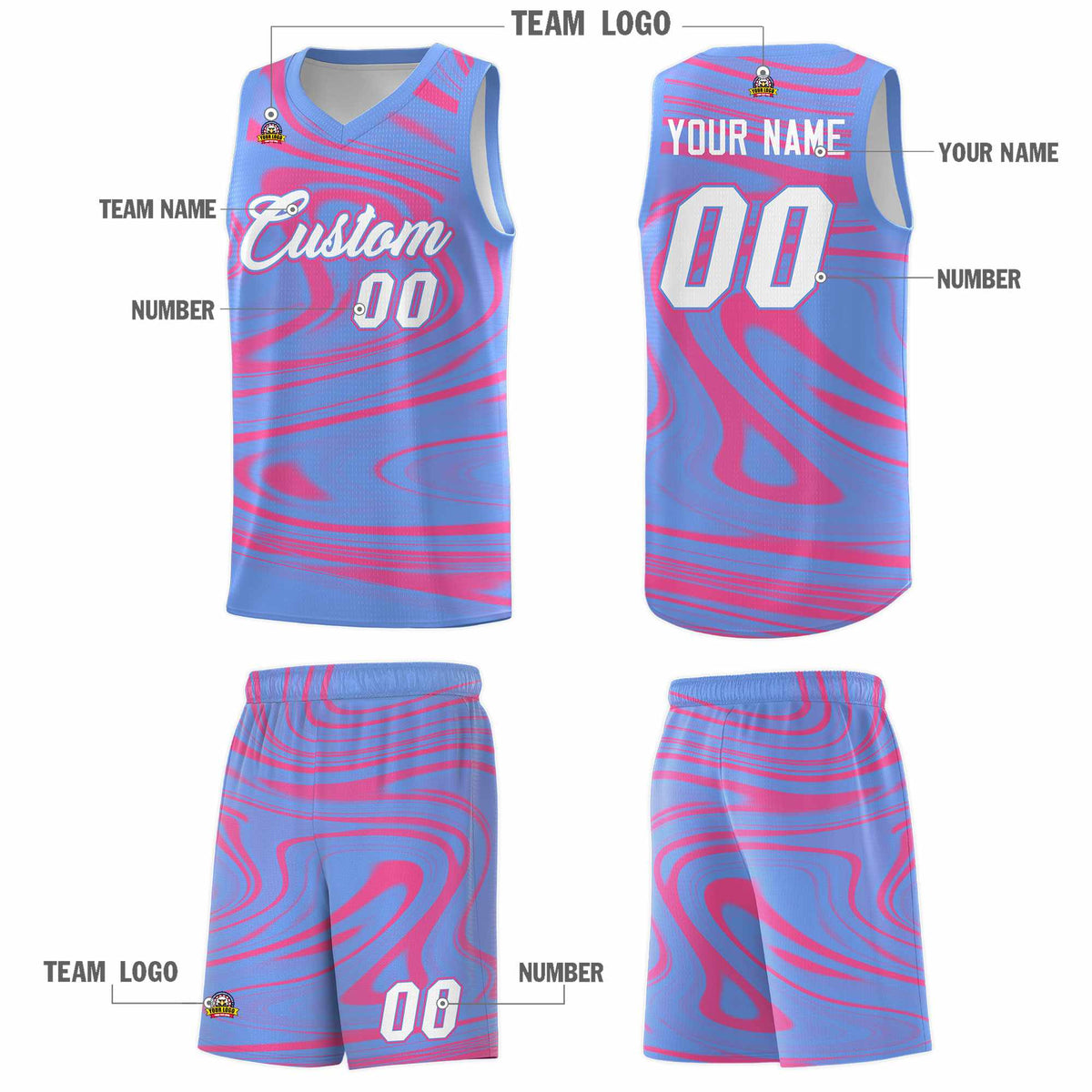 Custom Light Blue Pink Graffiti Pattern Fluids Style Sports Uniform Basketball Jersey Sets