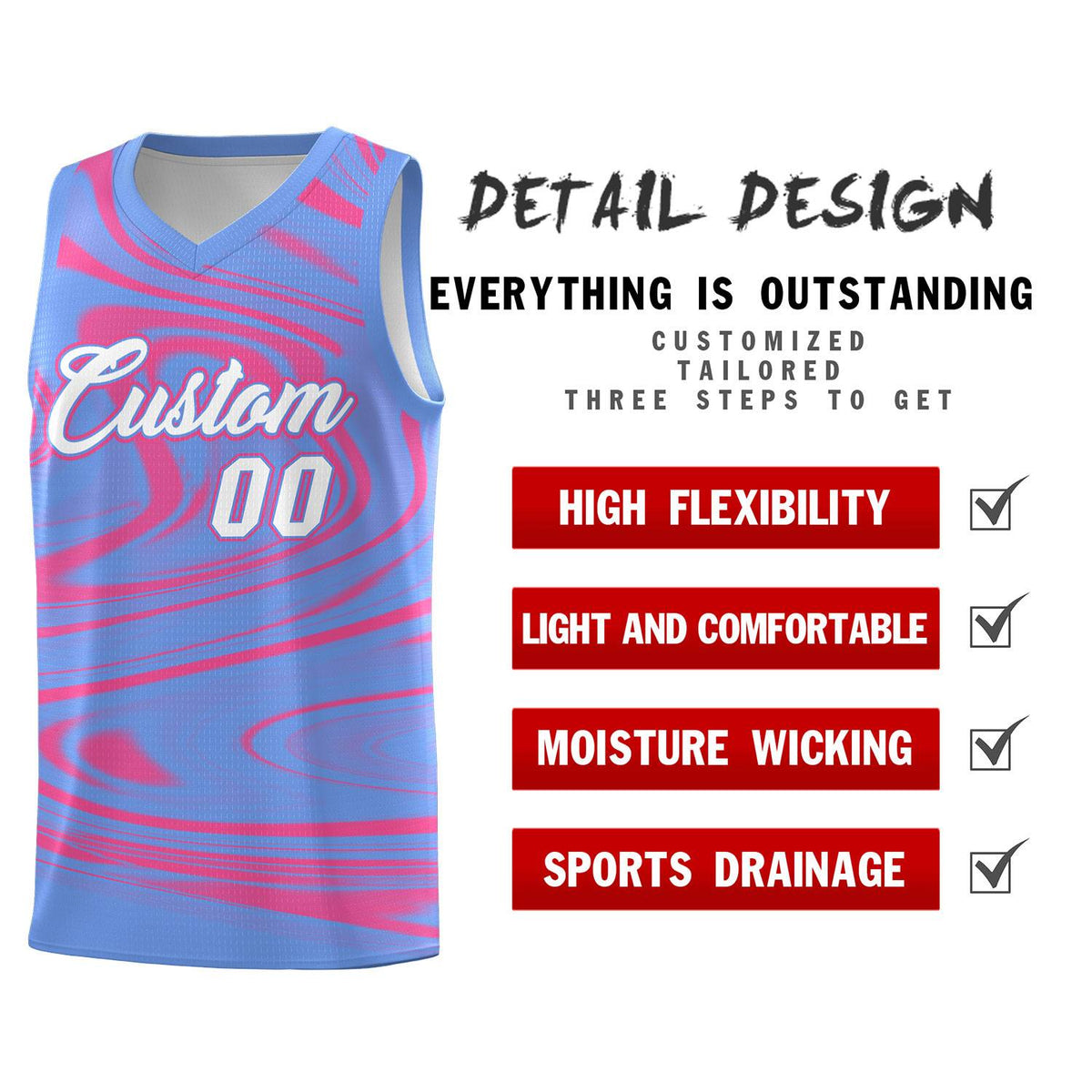 Custom Light Blue Pink Graffiti Pattern Fluids Style Sports Uniform Basketball Jersey Sets