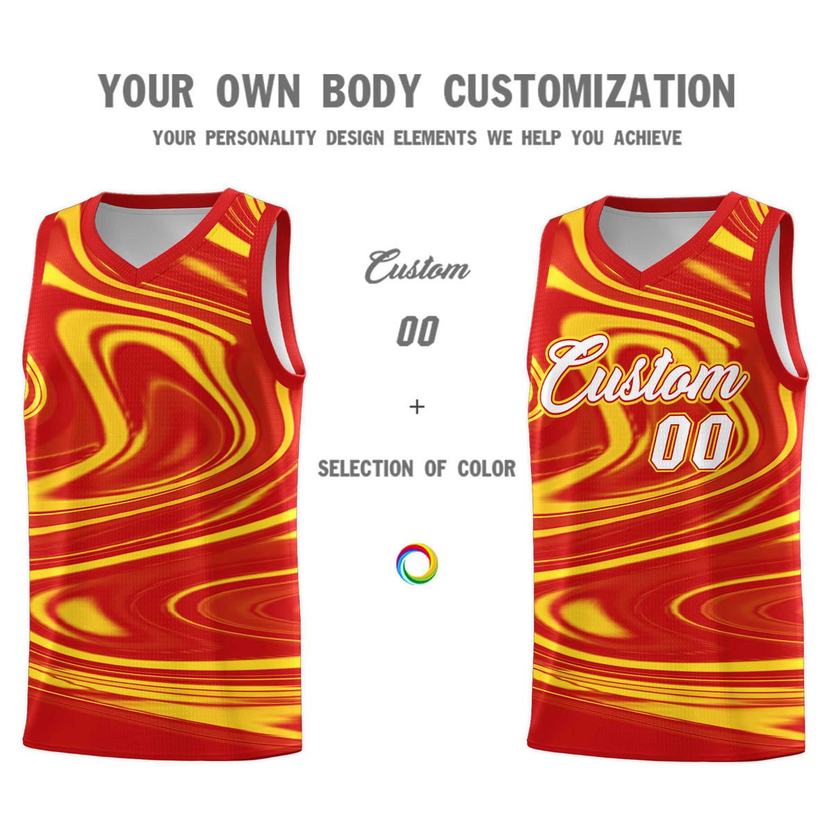 Custom Red Gold Graffiti Pattern Fluids Style Sports Uniform Basketball Jersey Sets