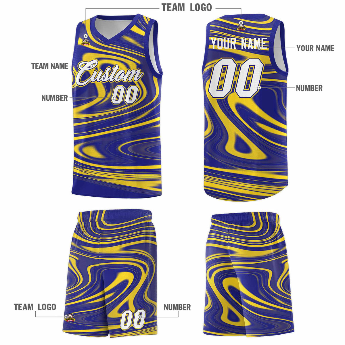 Custom Royal Gold Graffiti Pattern Fluids Style Sports Uniform Basketball Jersey Sets