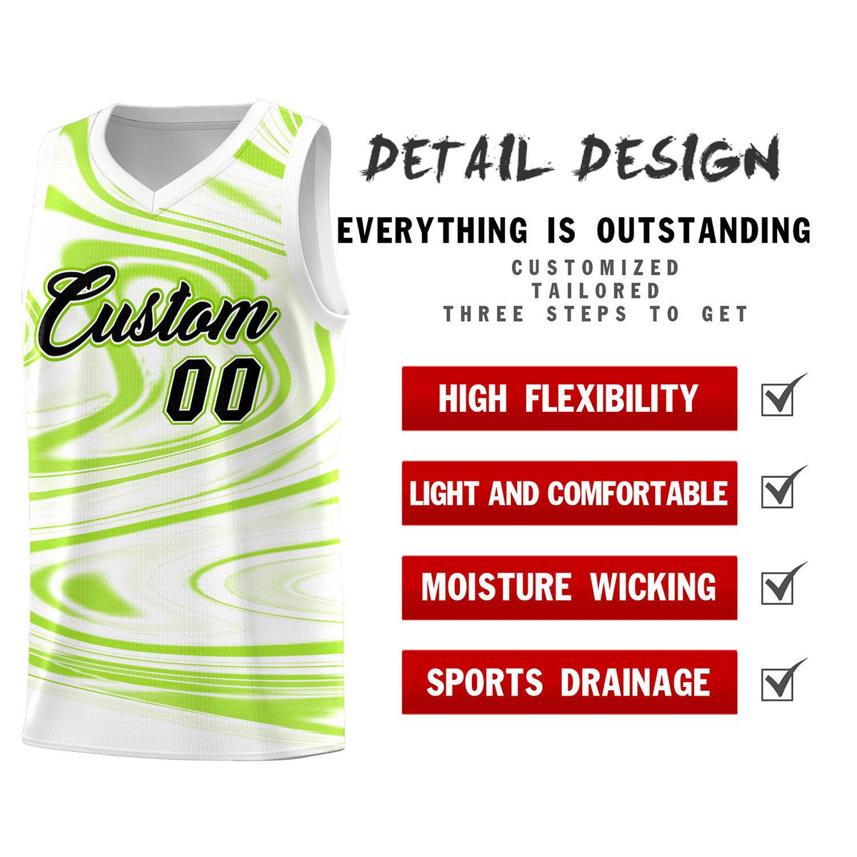 Custom White Light Green Graffiti Pattern Fluids Style Sports Uniform Basketball Jersey Sets