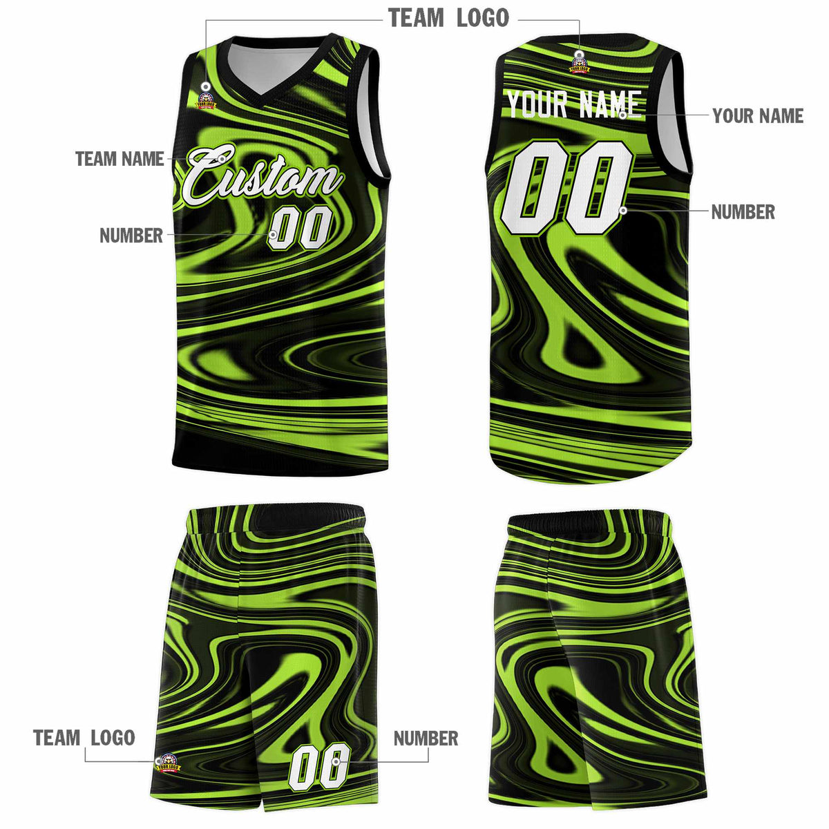 Custom Black Light Green Graffiti Pattern Fluids Style Sports Uniform Basketball Jersey Sets