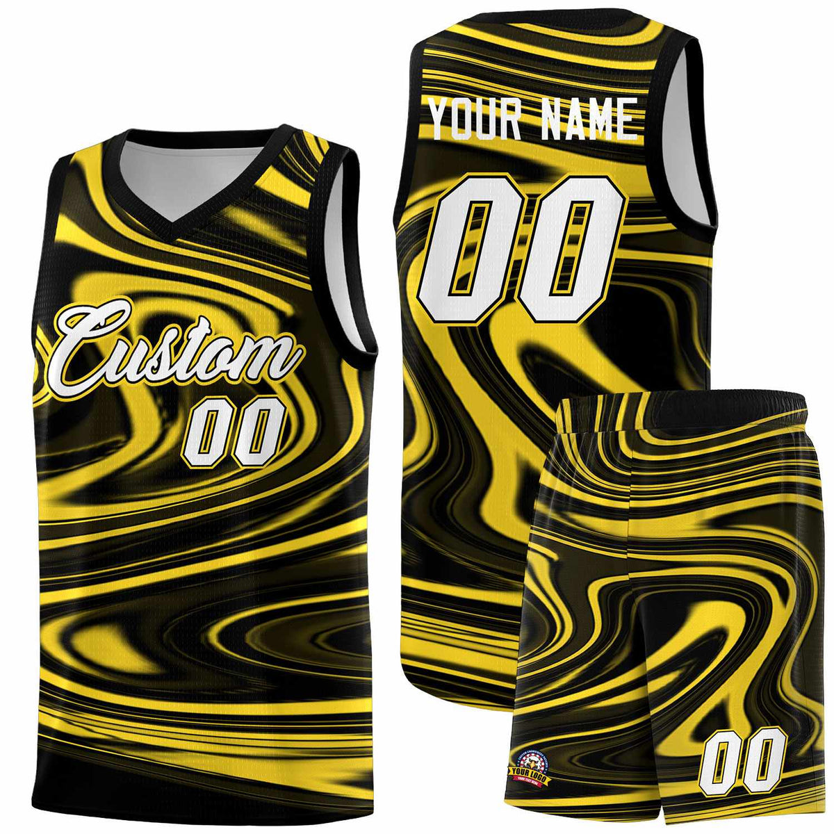 Custom Black Gold Graffiti Pattern Fluids Style Sports Uniform Basketball Jersey Sets