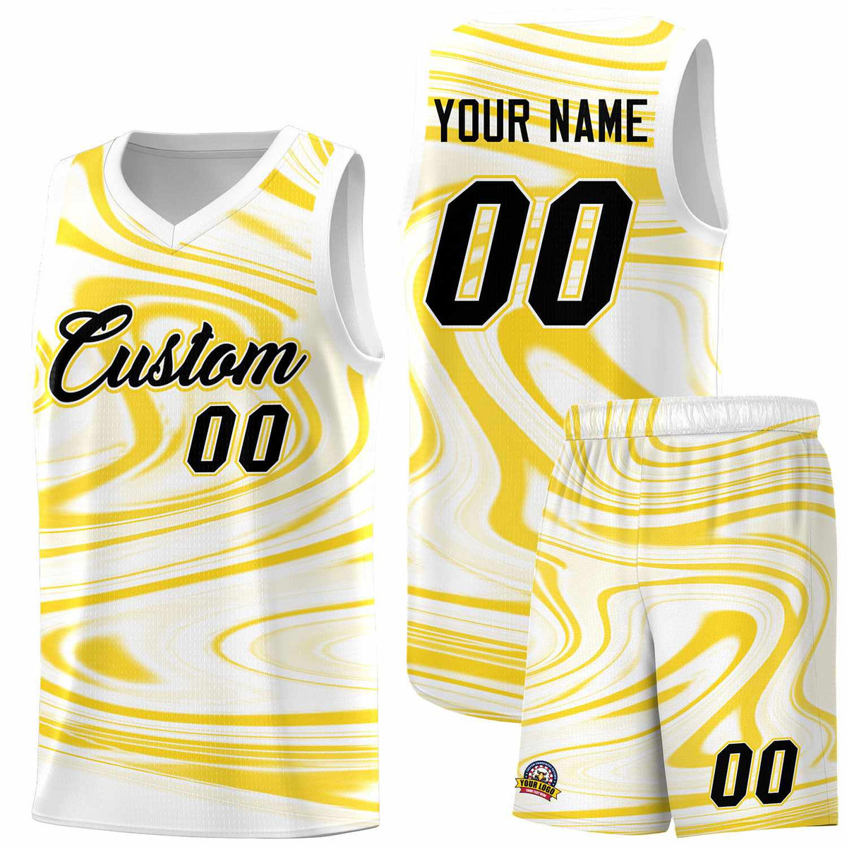 Custom White Gold Graffiti Pattern Fluids Style Sports Uniform Basketball Jersey Sets