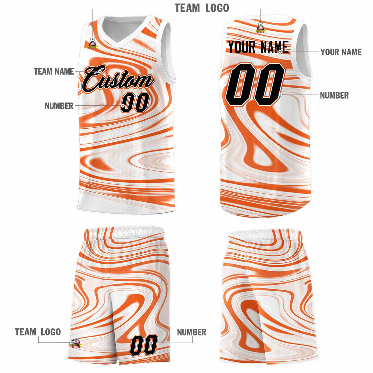Custom White Orange Graffiti Pattern Fluids Style Sports Uniform Basketball Jersey Sets