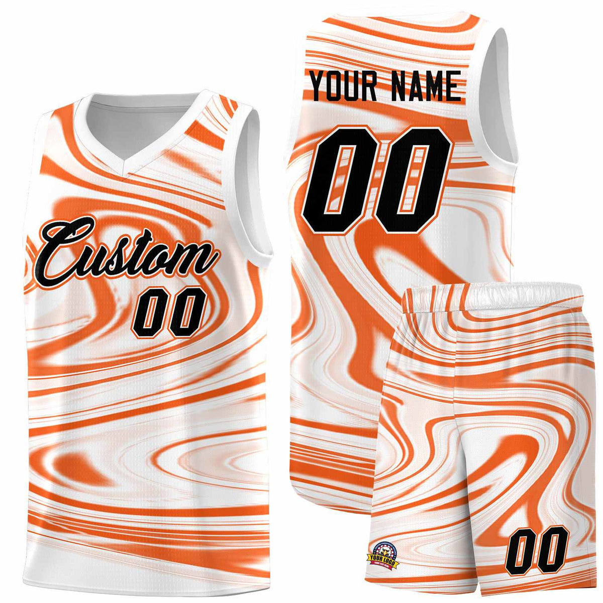 Custom White Orange Graffiti Pattern Fluids Style Sports Uniform Basketball Jersey Sets