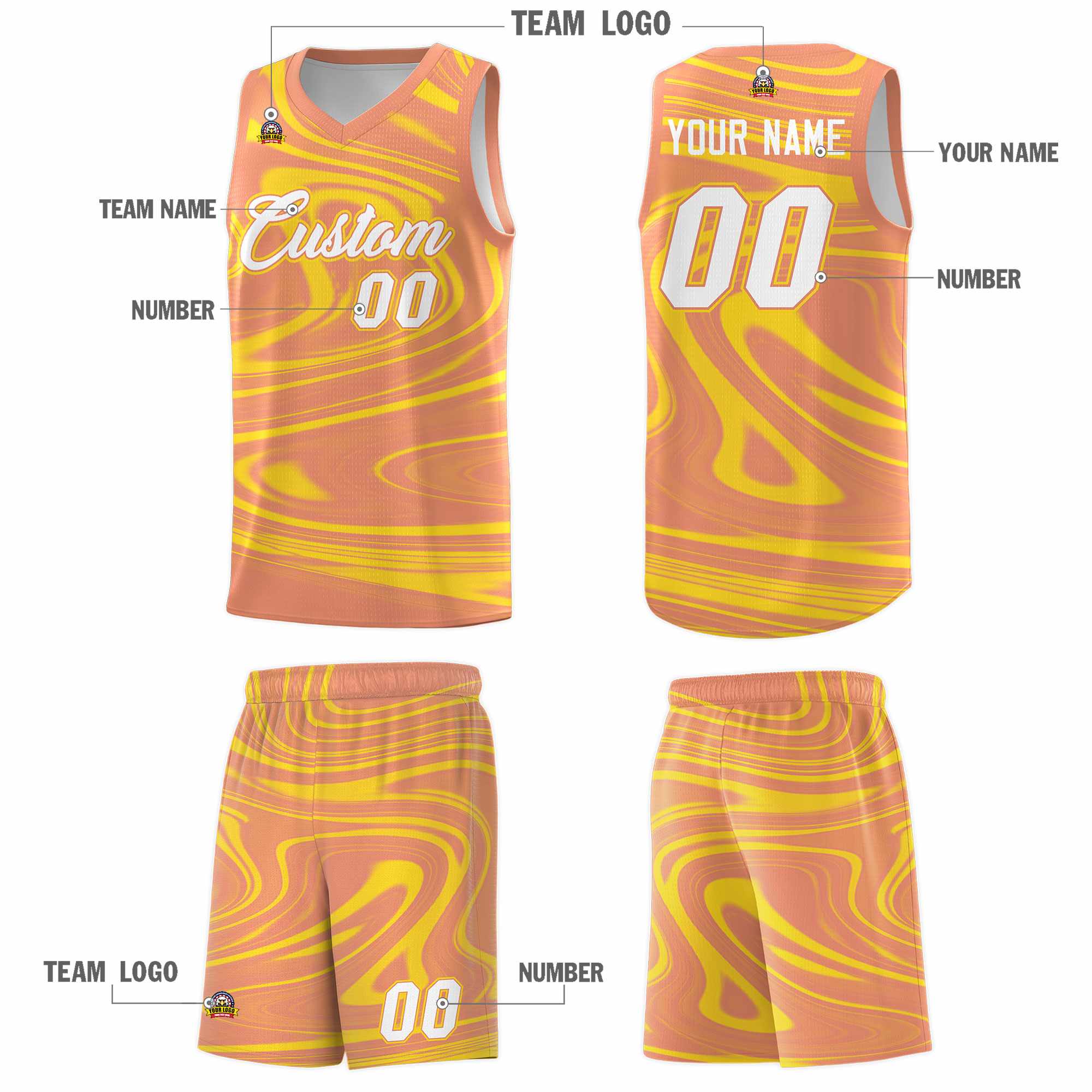 Custom Light Orange Gold Graffiti Pattern Fluids Style Sports Uniform Basketball Jersey Sets