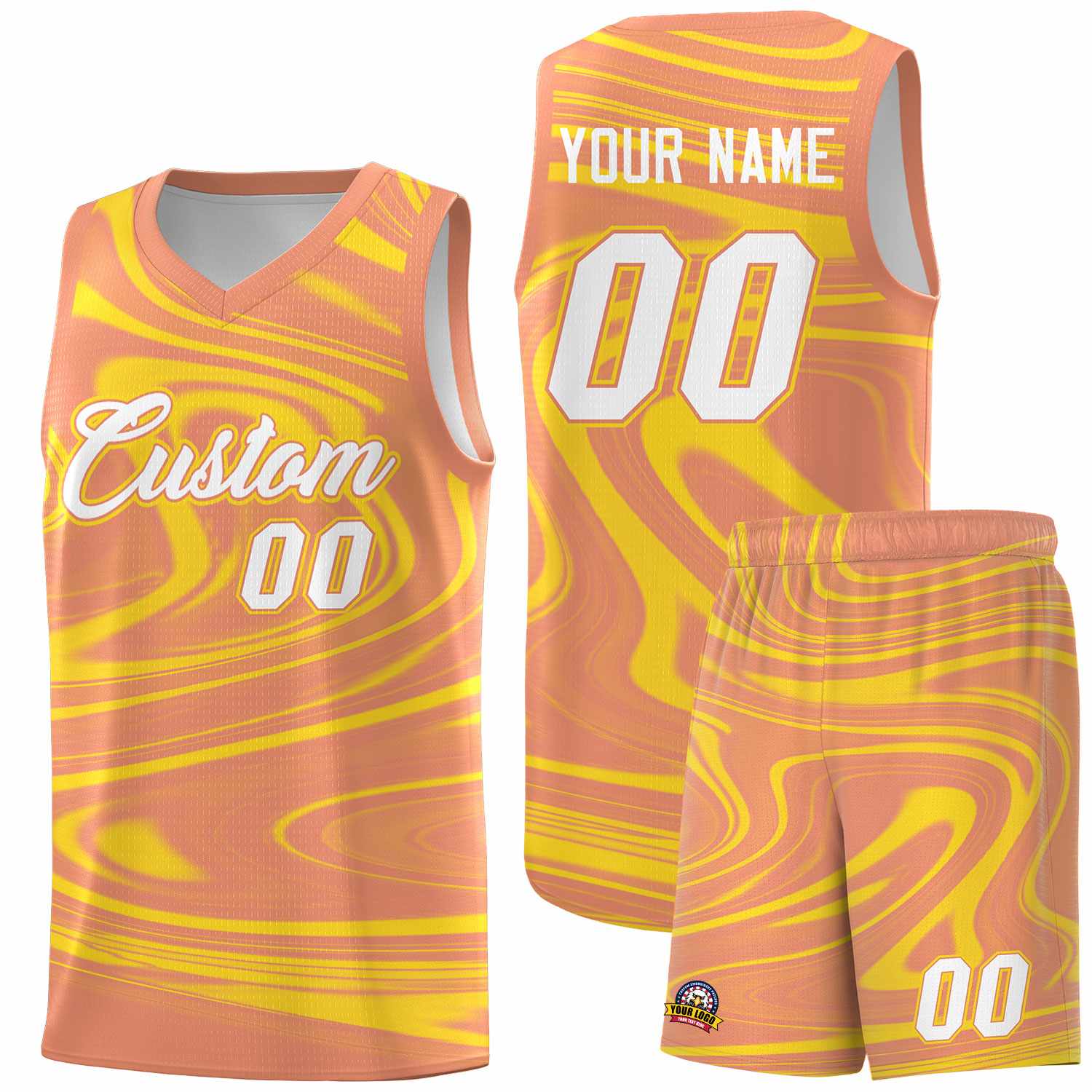 Custom Light Orange Gold Graffiti Pattern Fluids Style Sports Uniform Basketball Jersey Sets