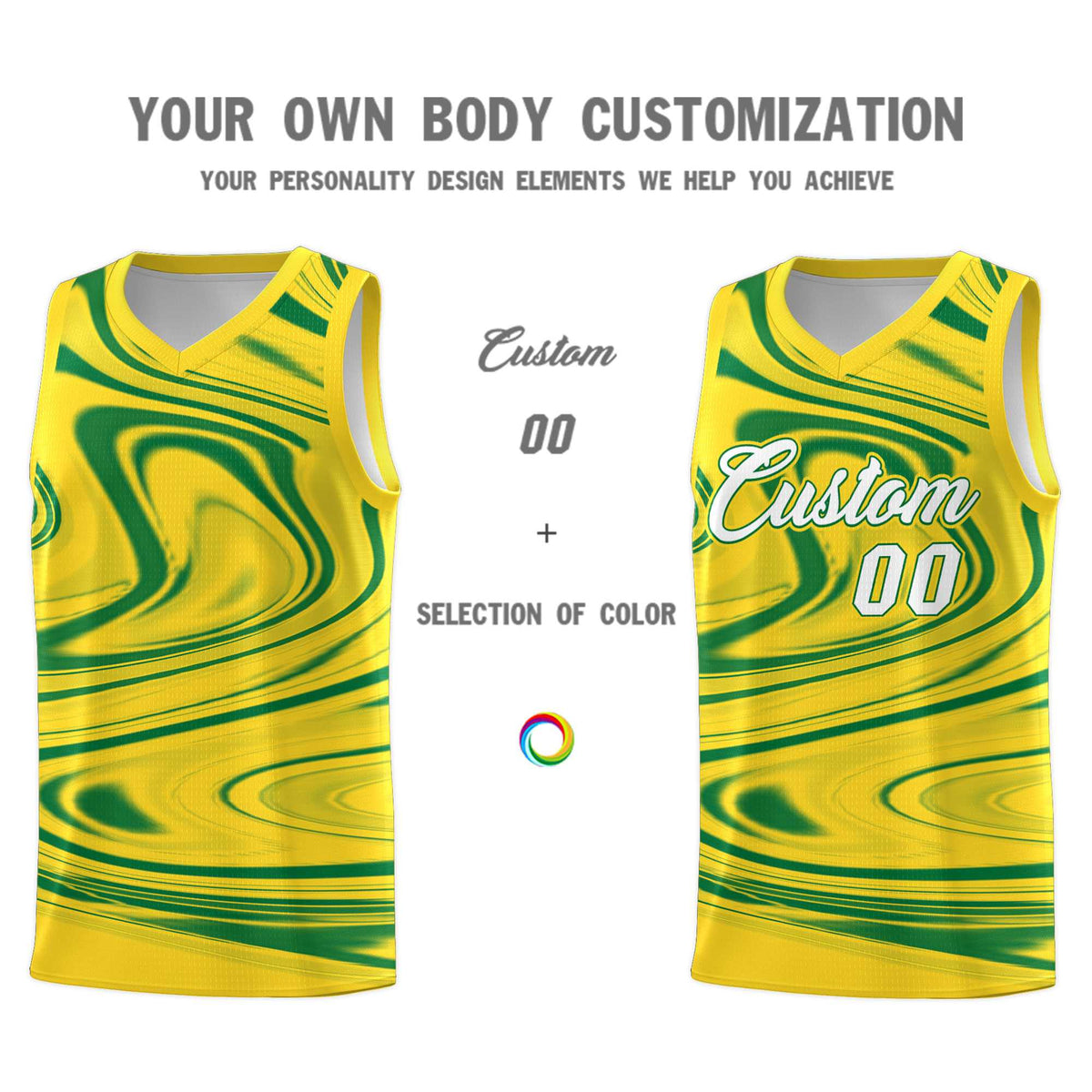 Custom Gold Kelly Green Graffiti Pattern Fluids Style Sports Uniform Basketball Jersey Sets
