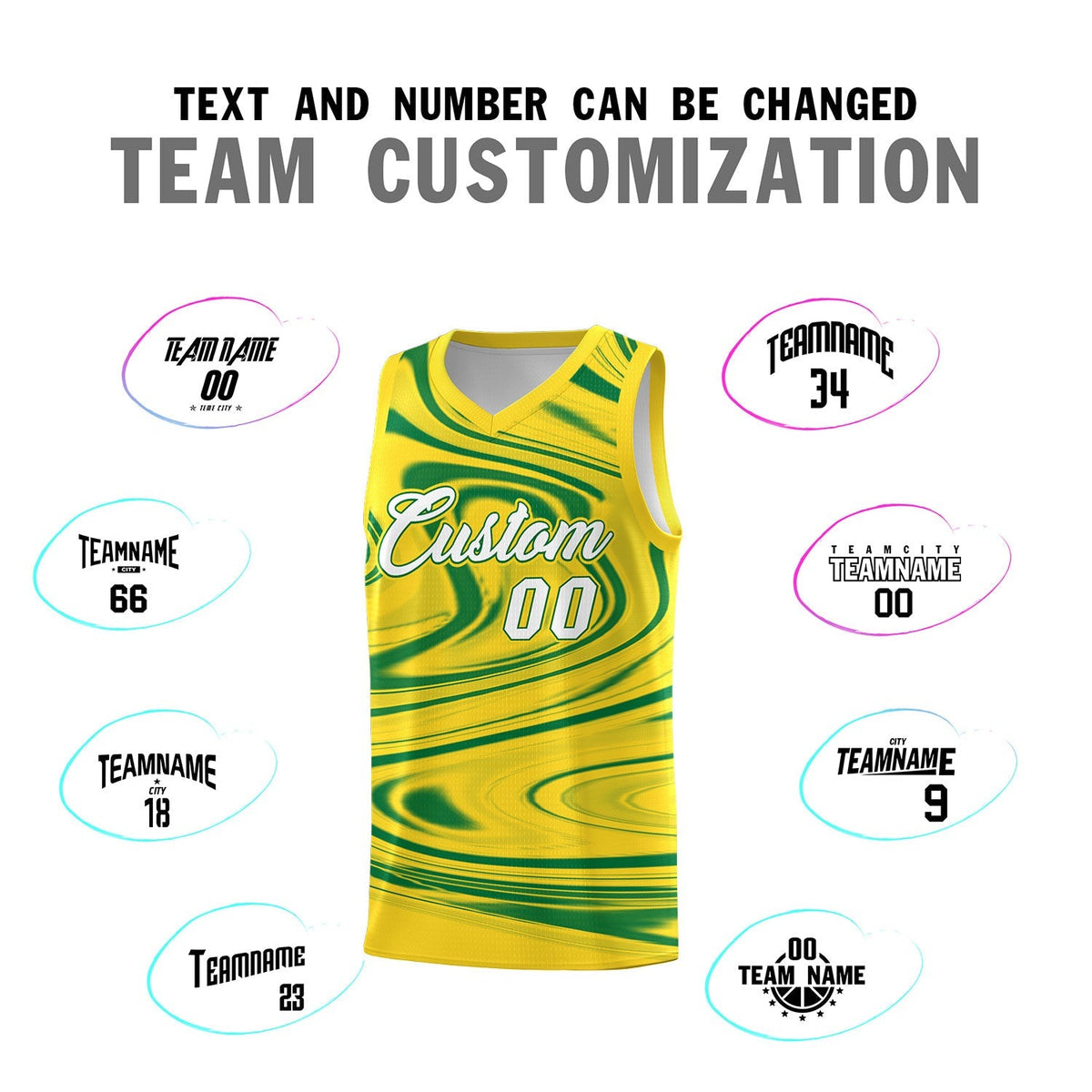 Custom Gold Kelly Green Graffiti Pattern Fluids Style Sports Uniform Basketball Jersey Sets