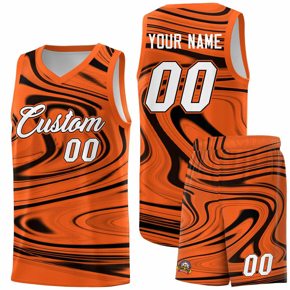Custom Orange Black Graffiti Pattern Fluids Style Sports Uniform Basketball Jersey Sets
