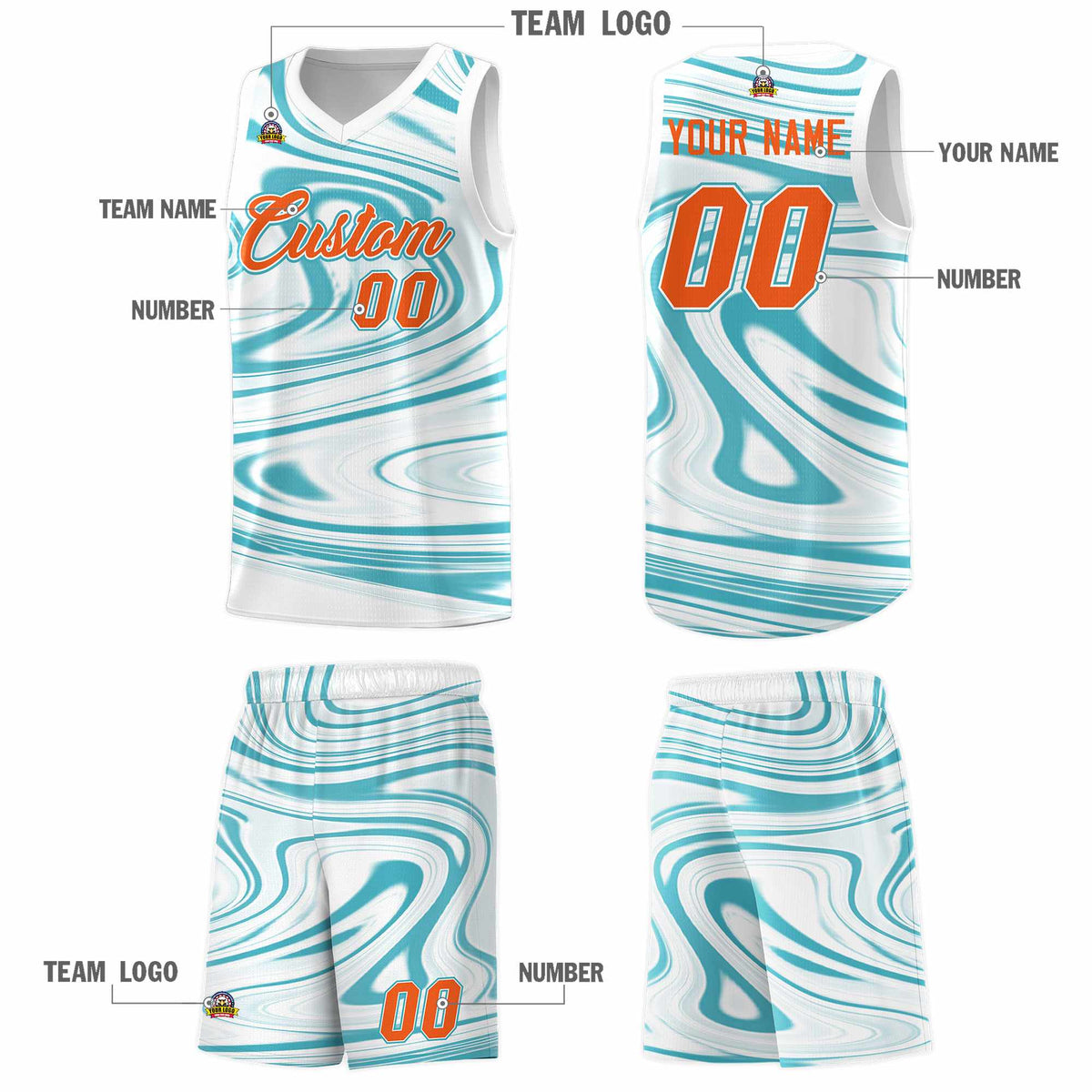 Custom White Aqua Graffiti Pattern Fluids Style Sports Uniform Basketball Jersey Sets